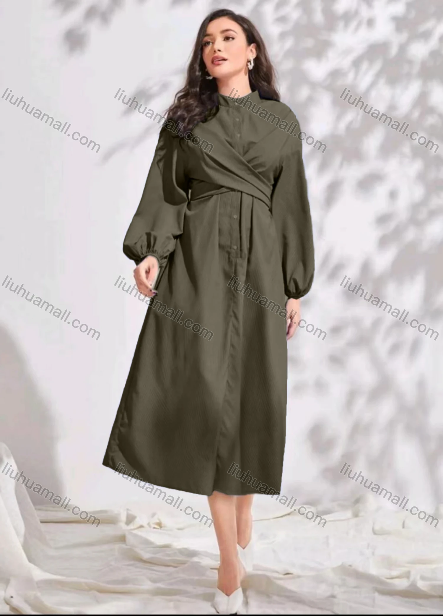 Wholesale Women's Elegant Casual Plain Buttons Front Stand Collar Crossover Long Sleeve Midi Dress With Belt - Liuhuamall