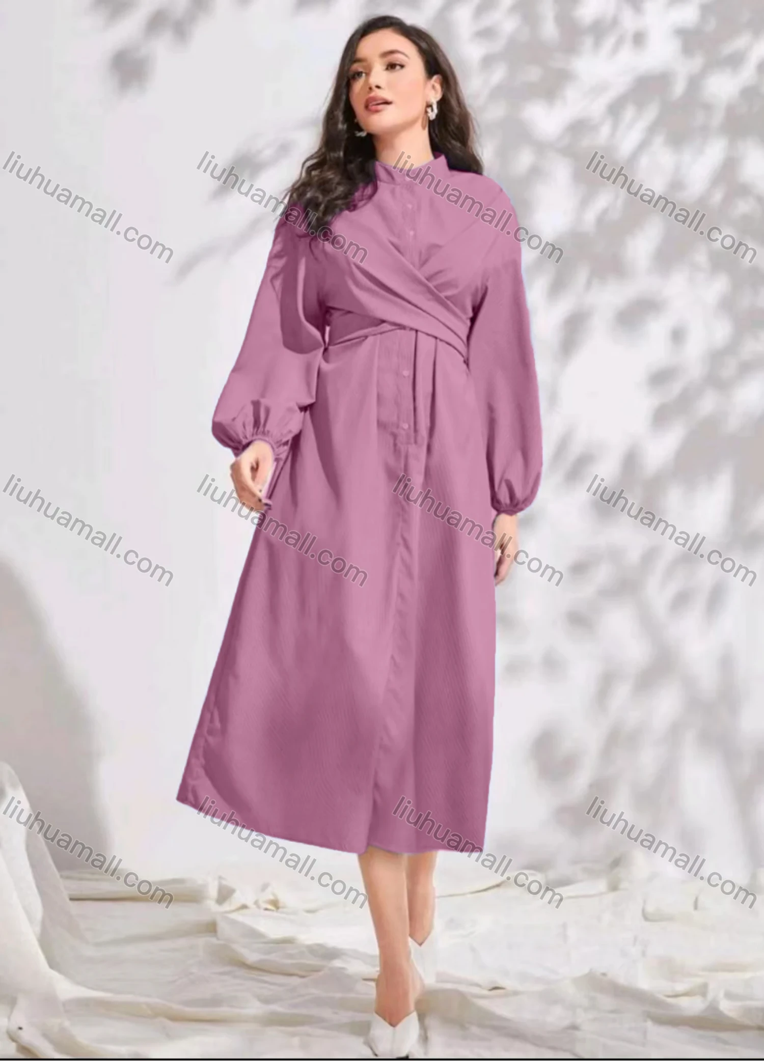Wholesale Women's Elegant Casual Plain Buttons Front Stand Collar Crossover Long Sleeve Midi Dress With Belt - Liuhuamall