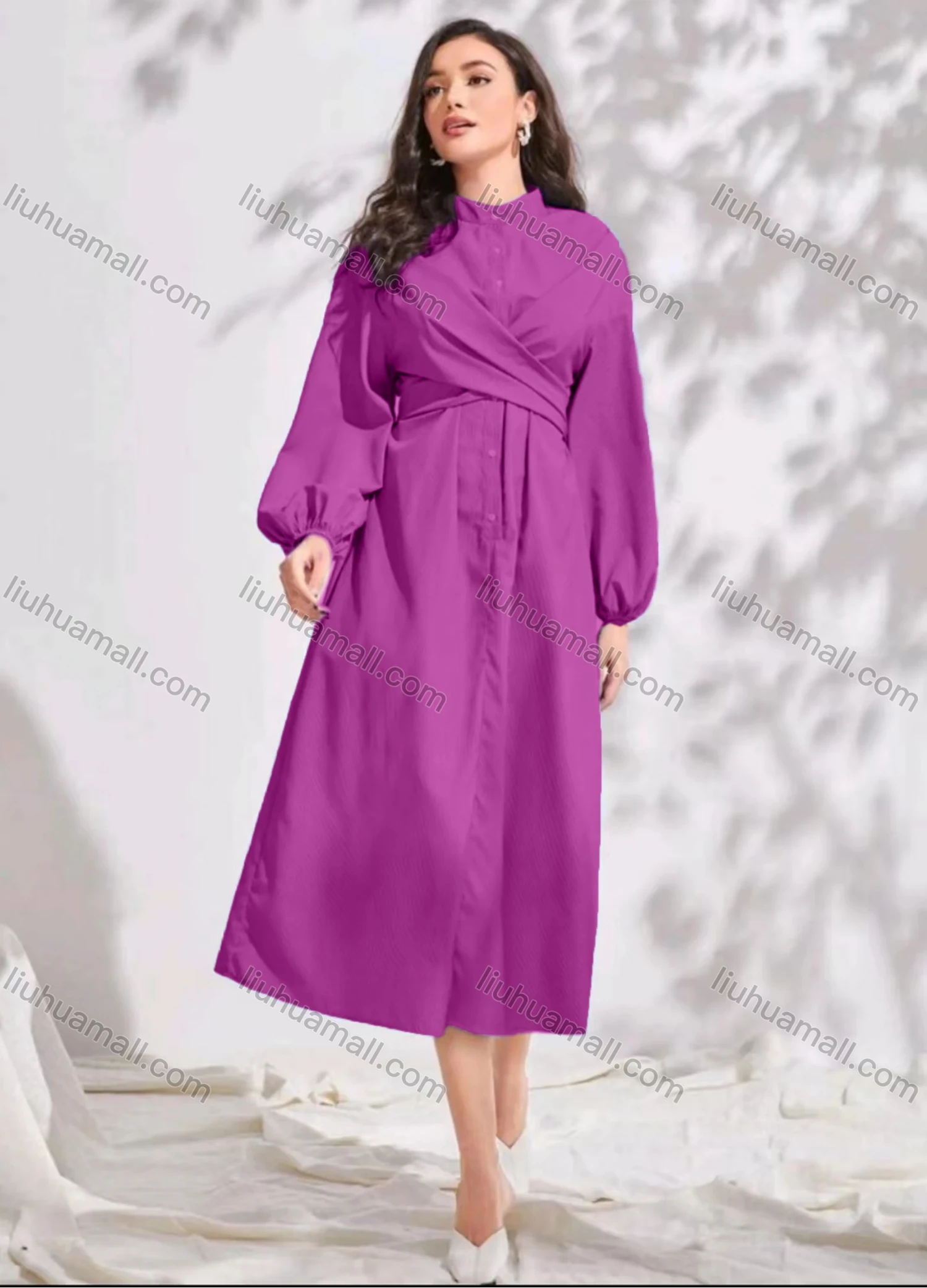 Wholesale Women's Elegant Casual Plain Buttons Front Stand Collar Crossover Long Sleeve Midi Dress With Belt - Liuhuamall