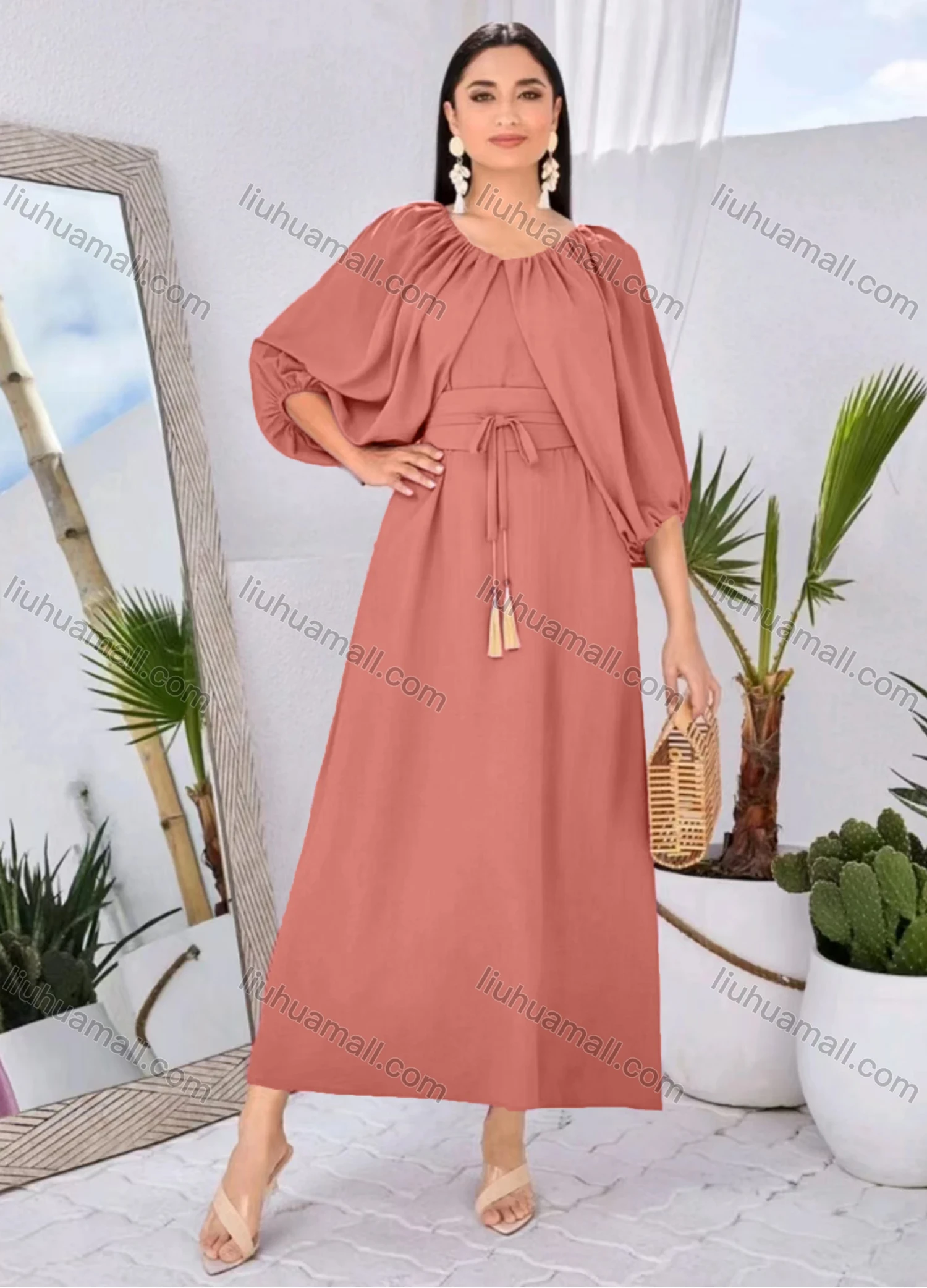 Wholesale Women's Elegant Plain Round Neck Puff Sleeve Ruched Maxi Dress With Tassel Belt - Liuhuamall