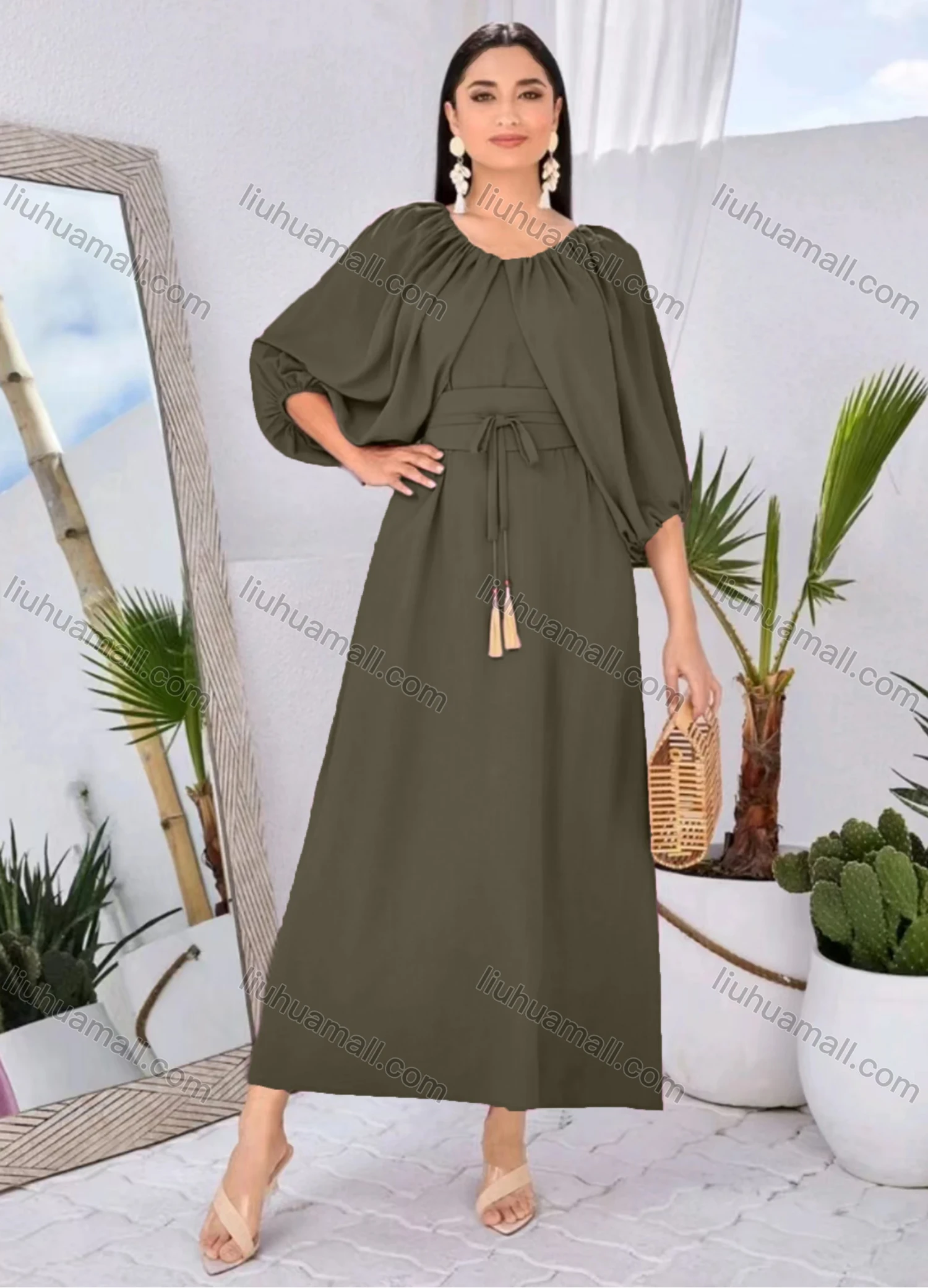 Wholesale Women's Elegant Plain Round Neck Puff Sleeve Ruched Maxi Dress With Tassel Belt - Liuhuamall