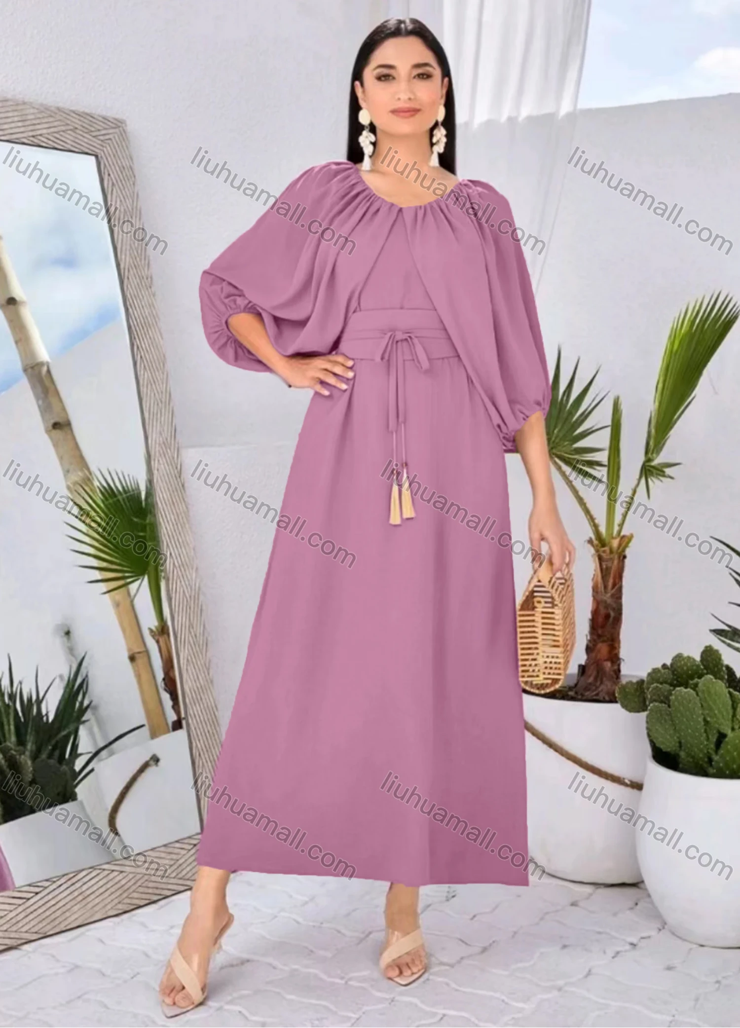 Wholesale Women's Elegant Plain Round Neck Puff Sleeve Ruched Maxi Dress With Tassel Belt - Liuhuamall
