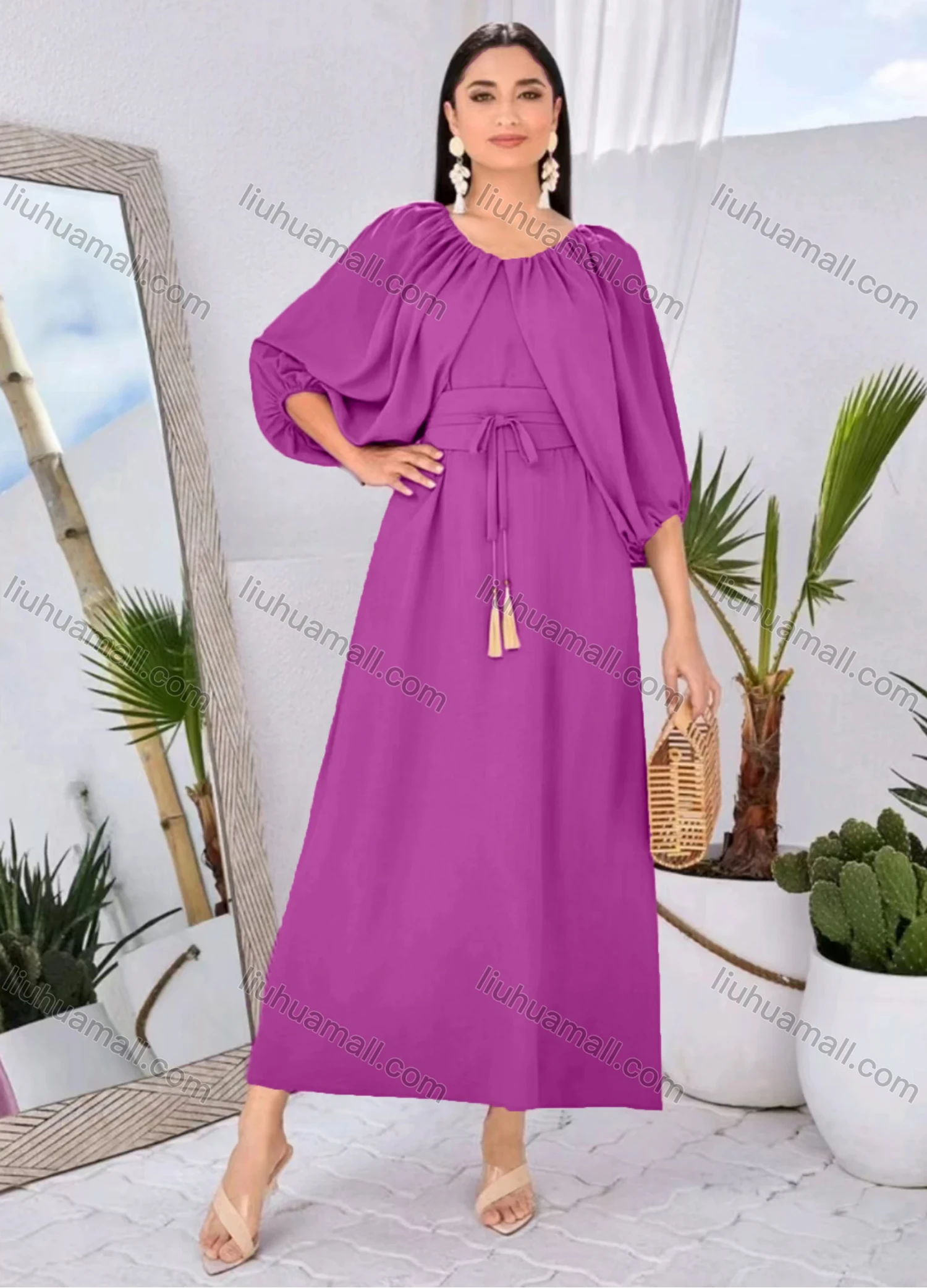 Wholesale Women's Elegant Plain Round Neck Puff Sleeve Ruched Maxi Dress With Tassel Belt - Liuhuamall