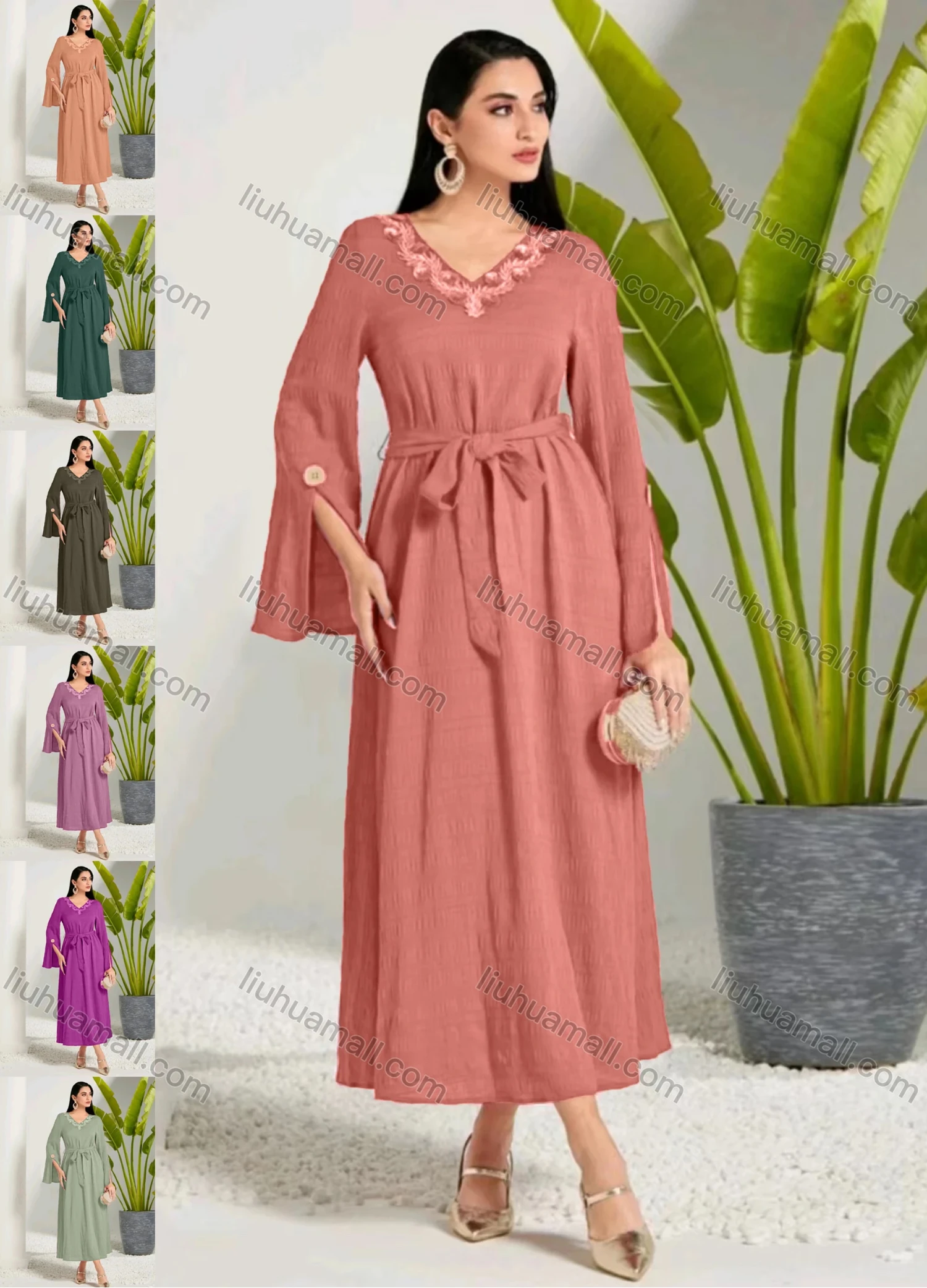Wholesale Women's Elegant Plain V Neck Long Sleeve 3D Appliques Ruffle Hem Maxi Dress With Belt - Liuhuamall