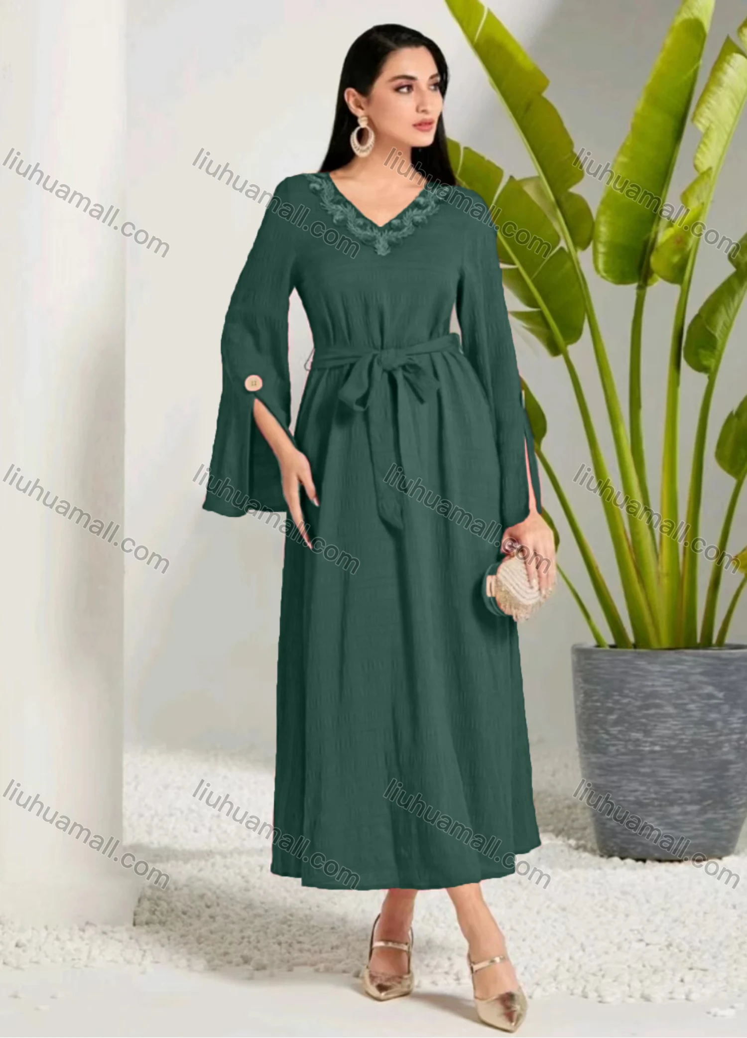 Wholesale Women's Elegant Plain V Neck Long Sleeve 3D Appliques Ruffle Hem Maxi Dress With Belt - Liuhuamall