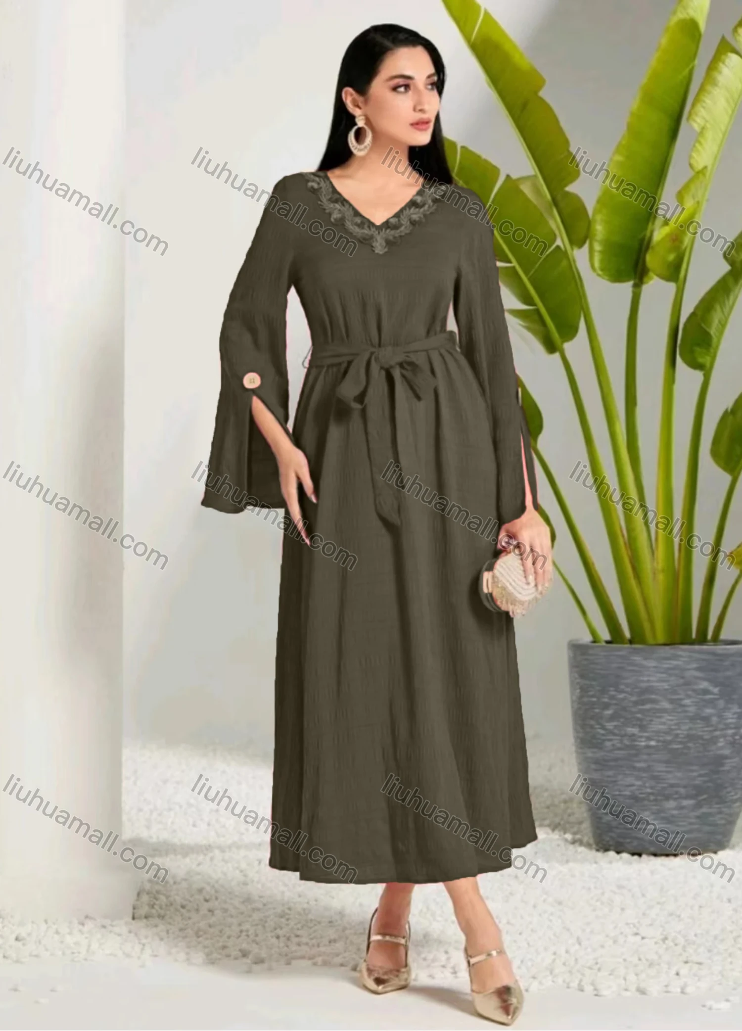 Wholesale Women's Elegant Plain V Neck Long Sleeve 3D Appliques Ruffle Hem Maxi Dress With Belt - Liuhuamall