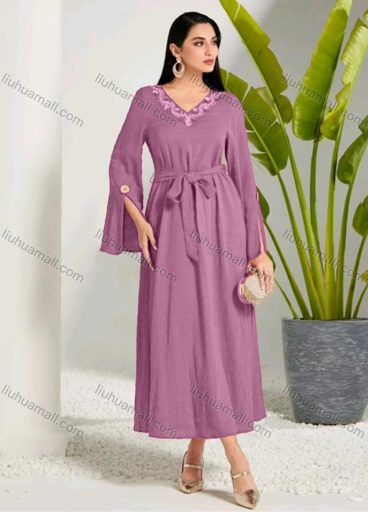 Wholesale Women's Elegant Plain V Neck Long Sleeve 3D Appliques Ruffle Hem Maxi Dress With Belt - Liuhuamall