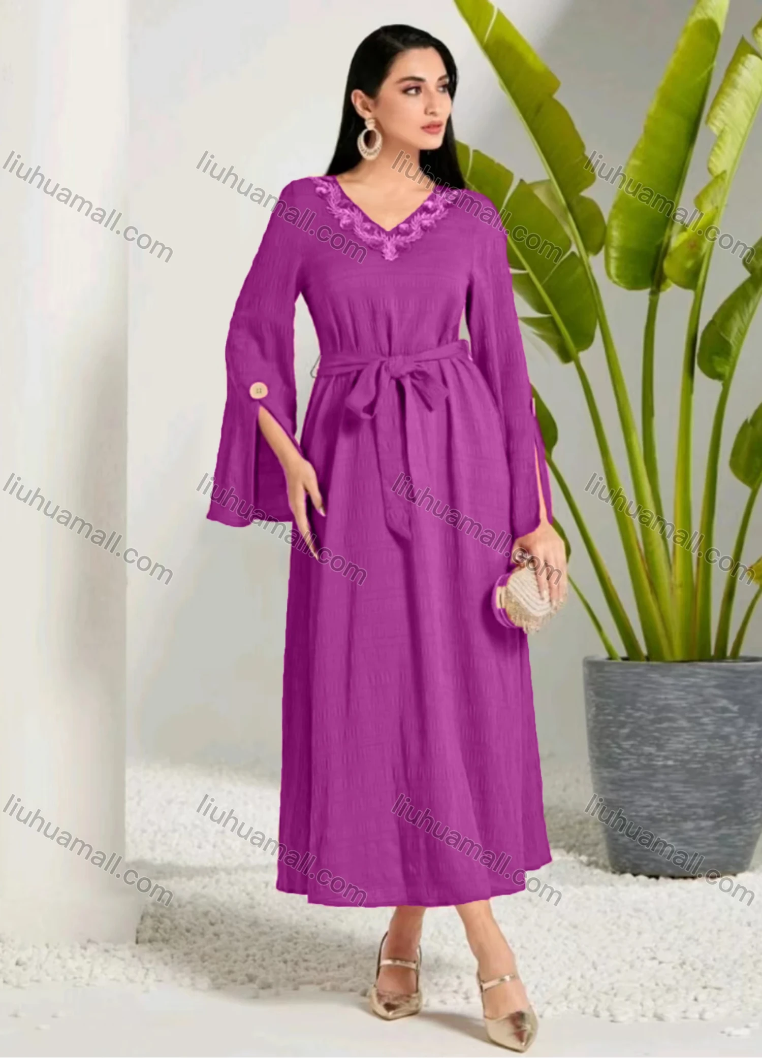 Wholesale Women's Elegant Plain V Neck Long Sleeve 3D Appliques Ruffle Hem Maxi Dress With Belt - Liuhuamall