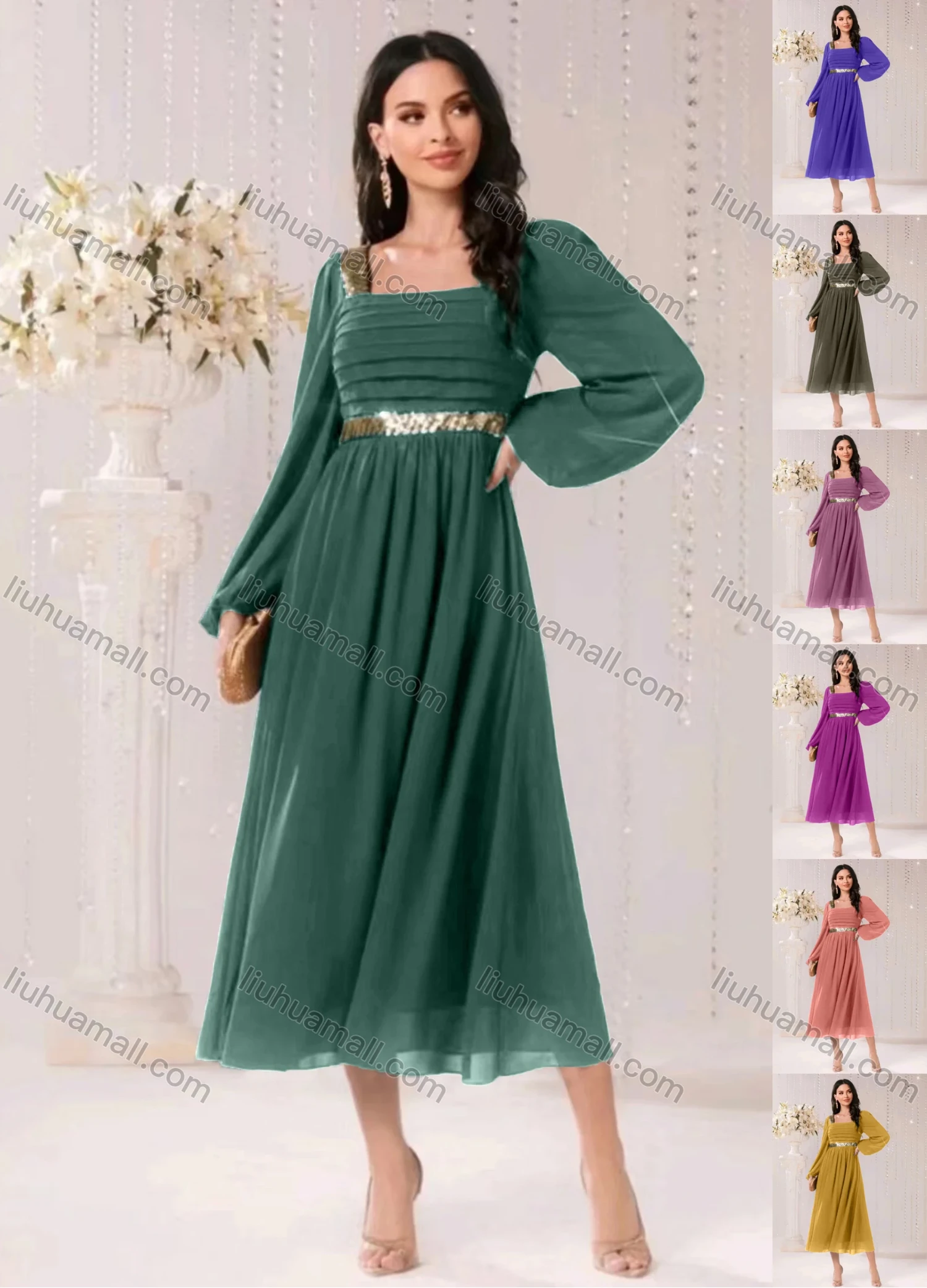 Wholesale Women's Elegant Plain Sequin Square Neck Zip Back Long Sleeve Ruffle Hem Midi Dress - Liuhuamall