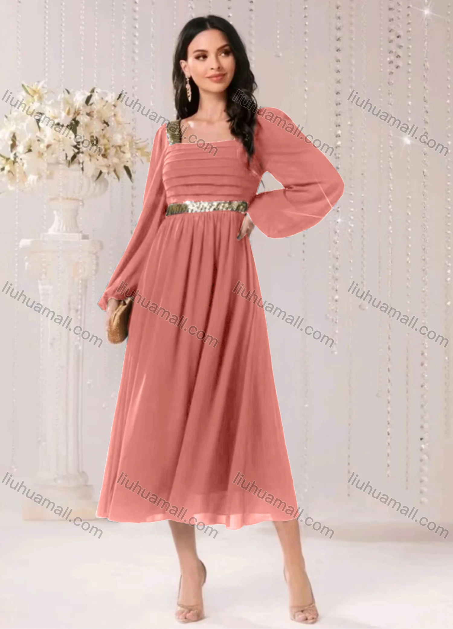 Wholesale Women's Elegant Plain Sequin Square Neck Zip Back Long Sleeve Ruffle Hem Midi Dress - Liuhuamall