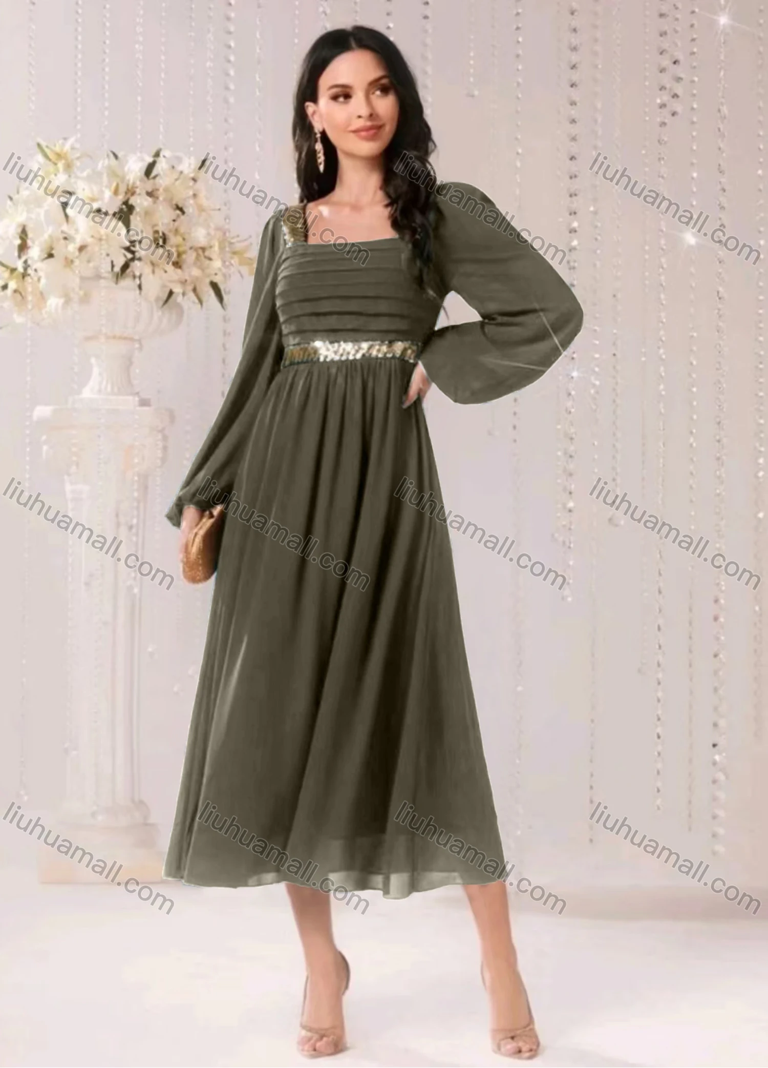 Wholesale Women's Elegant Plain Sequin Square Neck Zip Back Long Sleeve Ruffle Hem Midi Dress - Liuhuamall
