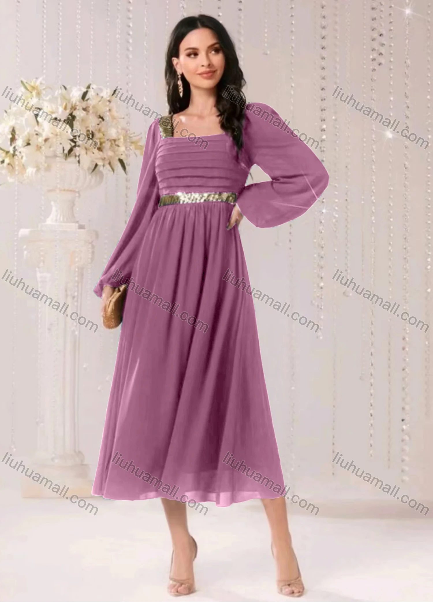 Wholesale Women's Elegant Plain Sequin Square Neck Zip Back Long Sleeve Ruffle Hem Midi Dress - Liuhuamall