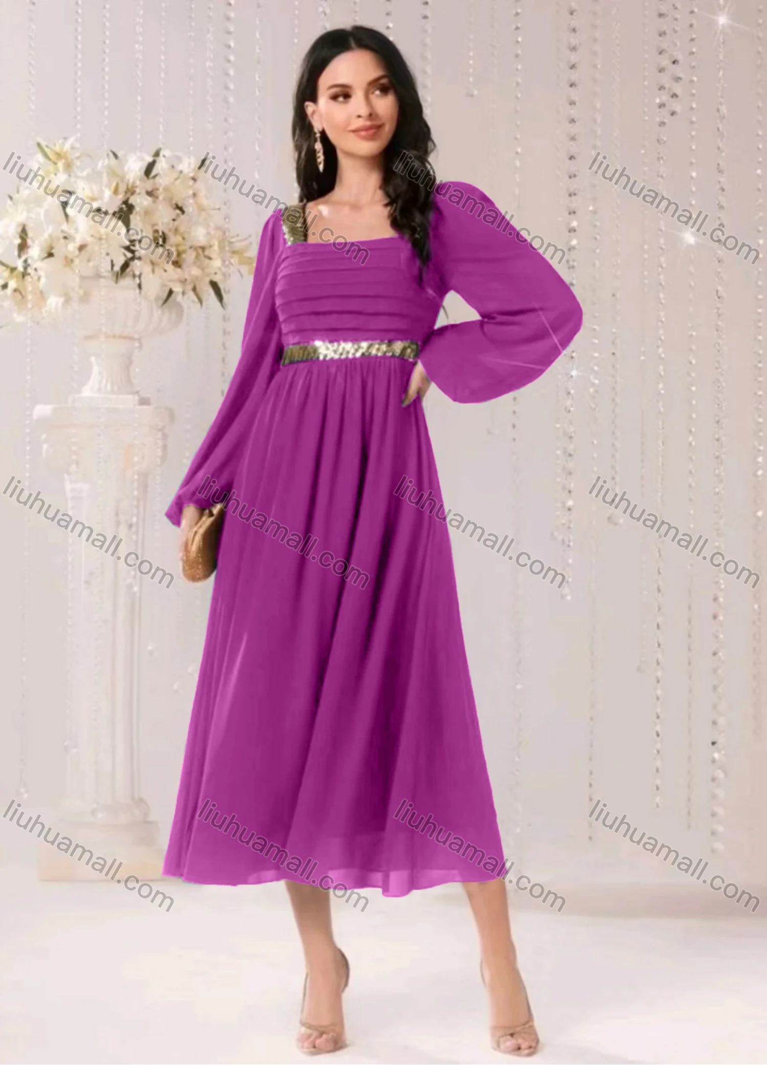 Wholesale Women's Elegant Plain Sequin Square Neck Zip Back Long Sleeve Ruffle Hem Midi Dress - Liuhuamall