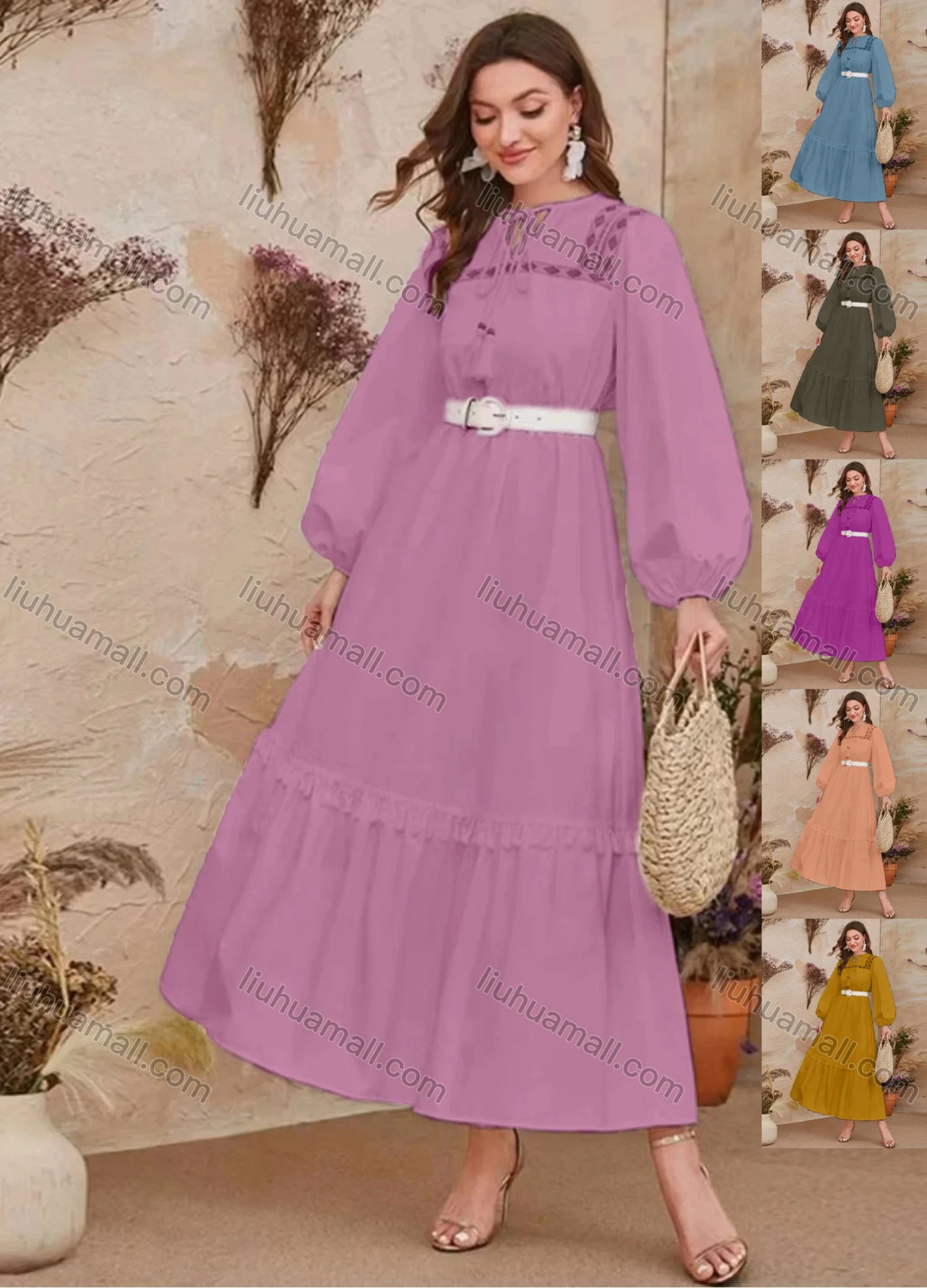 Wholesale Women's Elegant Vintage Tie Neck Long Sleeve Ruffle Hem Maxi Dress With Belt - Liuhuamall