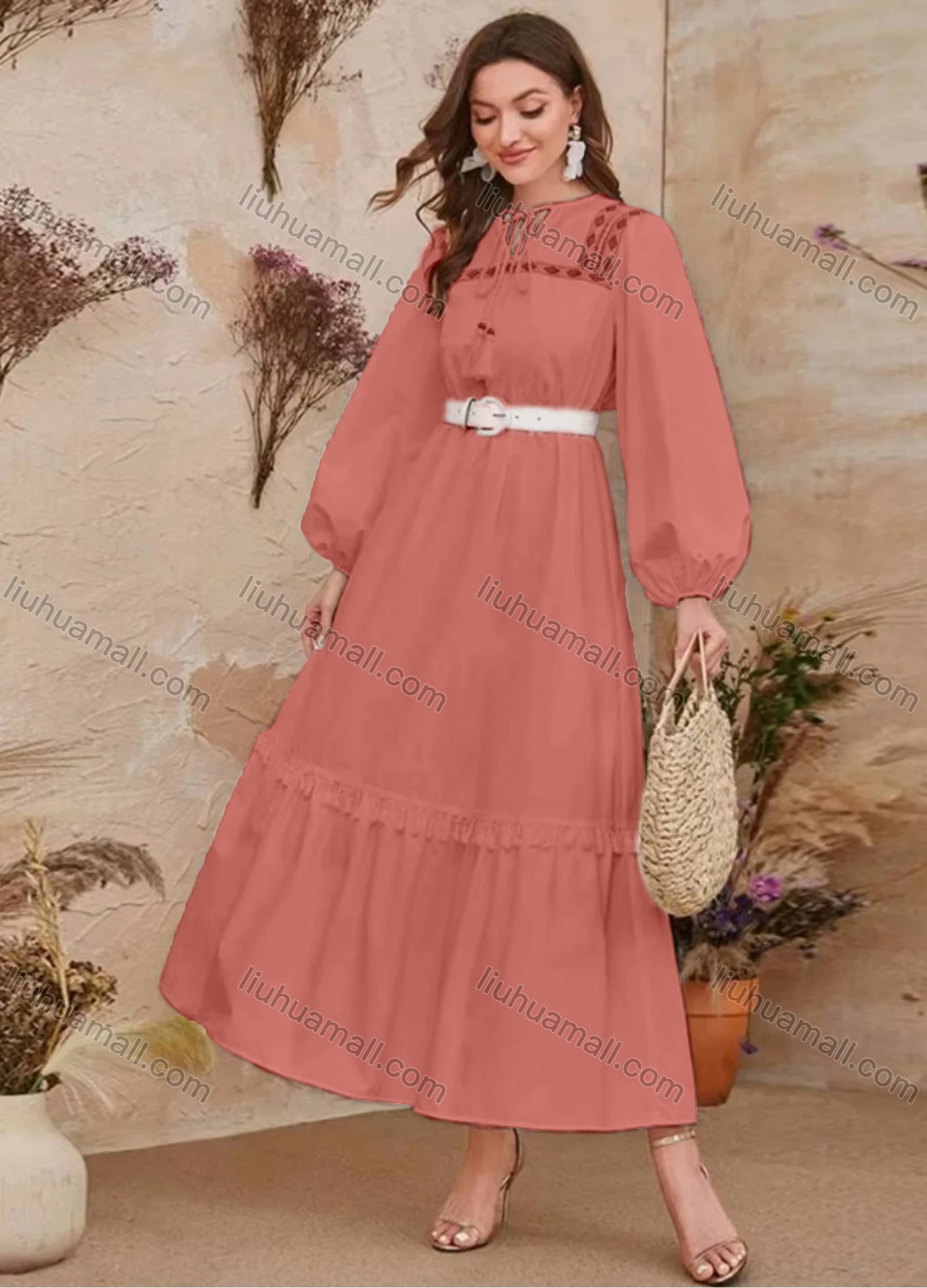 Wholesale Women's Elegant Vintage Tie Neck Long Sleeve Ruffle Hem Maxi Dress With Belt - Liuhuamall