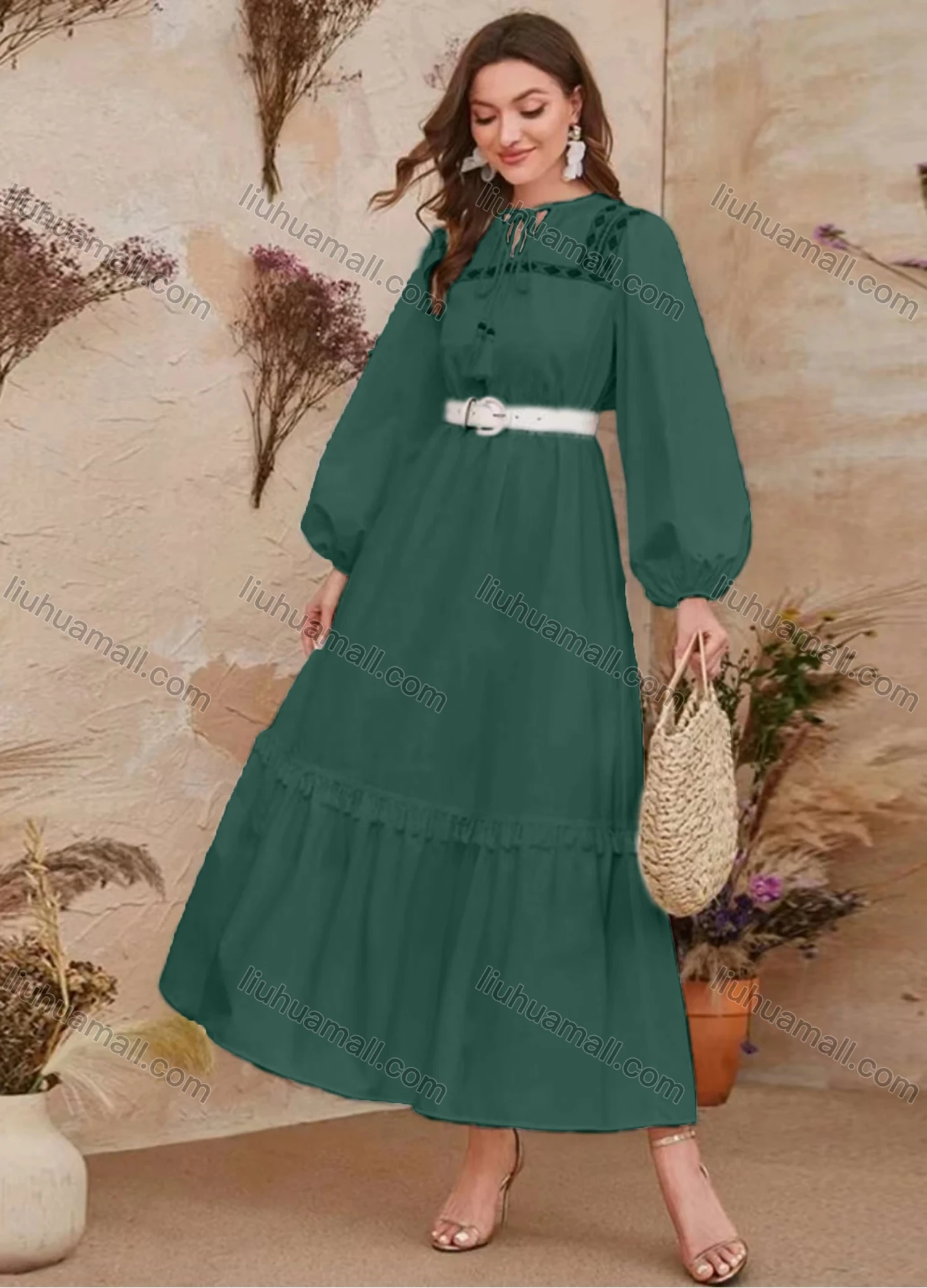 Wholesale Women's Elegant Vintage Tie Neck Long Sleeve Ruffle Hem Maxi Dress With Belt - Liuhuamall