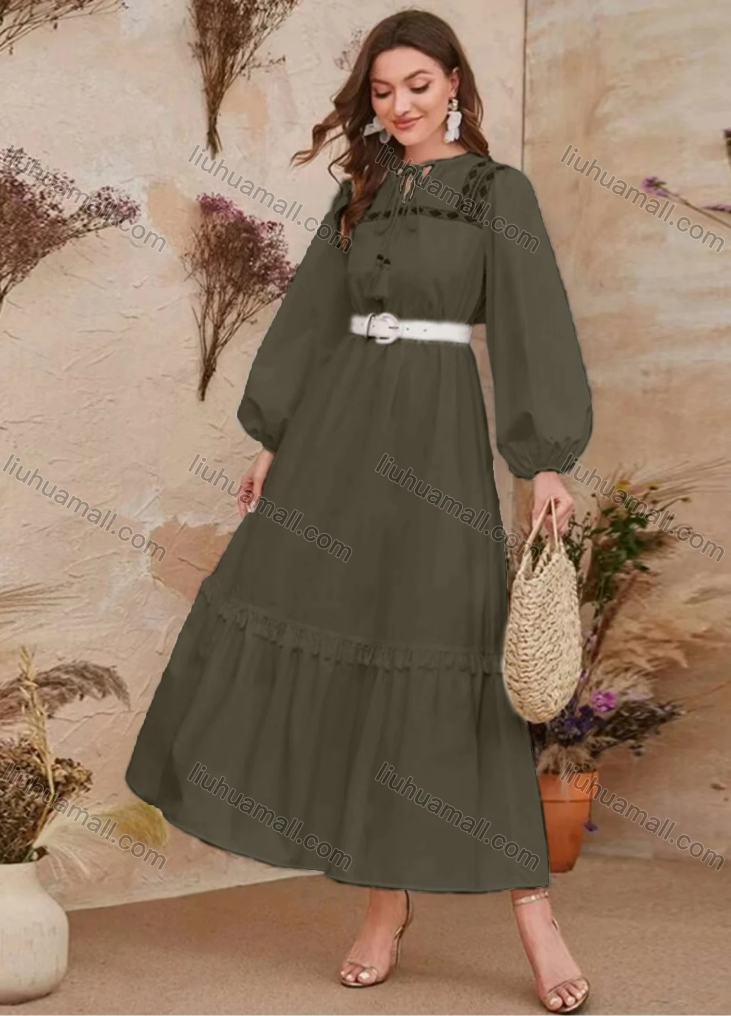 Wholesale Women's Elegant Vintage Tie Neck Long Sleeve Ruffle Hem Maxi Dress With Belt - Liuhuamall