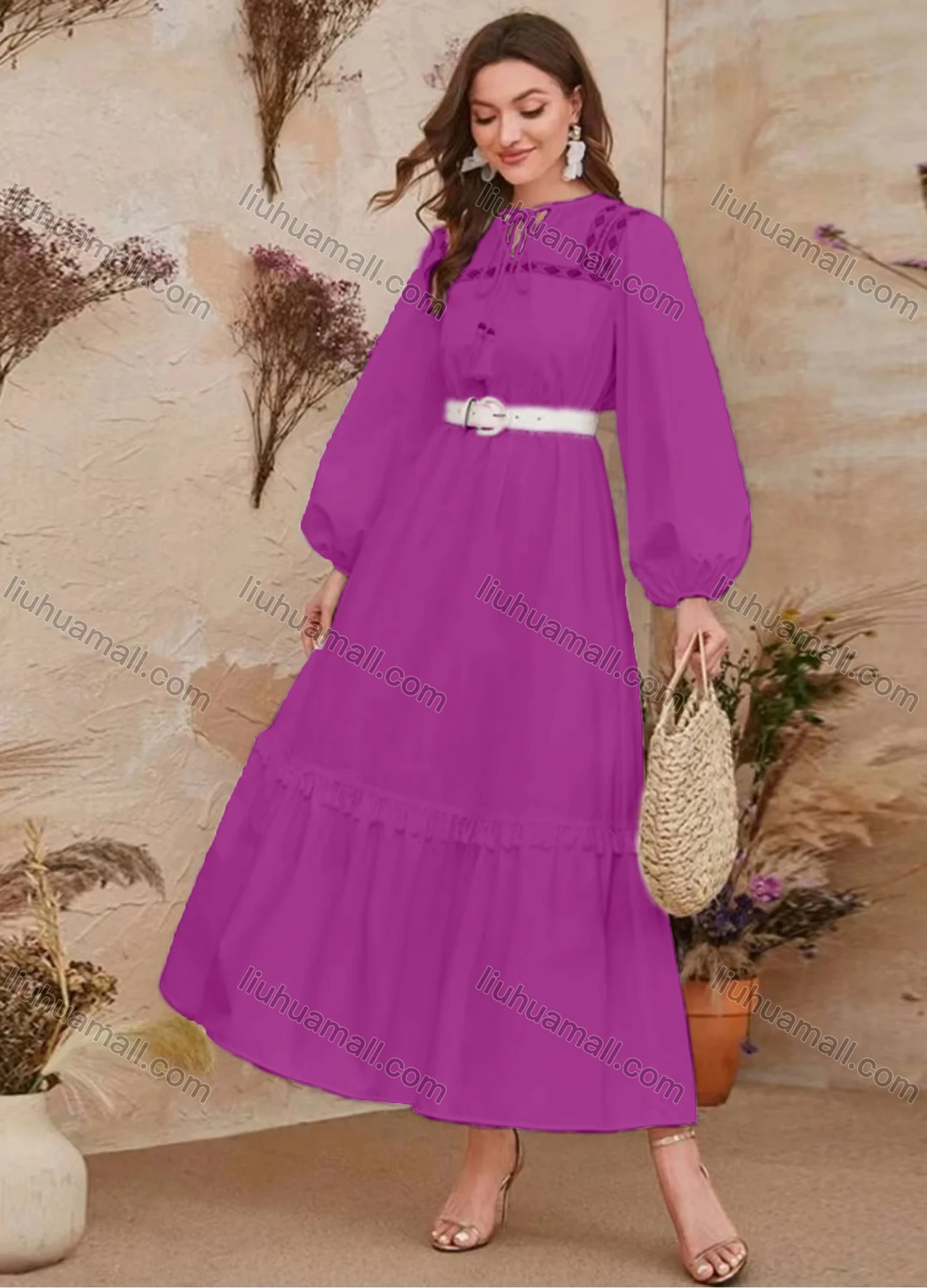 Wholesale Women's Elegant Vintage Tie Neck Long Sleeve Ruffle Hem Maxi Dress With Belt - Liuhuamall