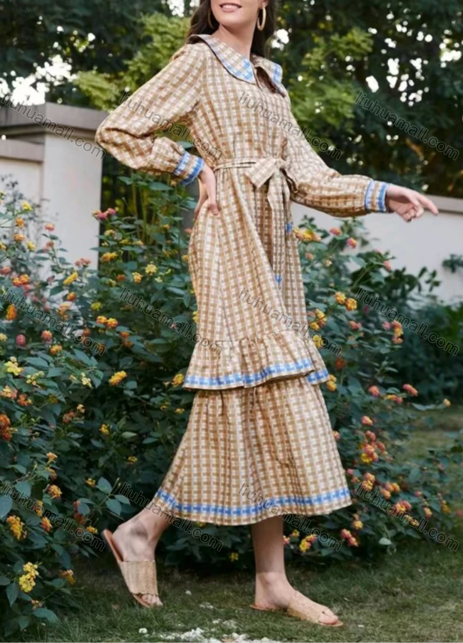Wholesale Women's Elegant Peter Pan Collar Long Sleeve Layered Ruffle Hem Midi Dress With Belt - Liuhuamall