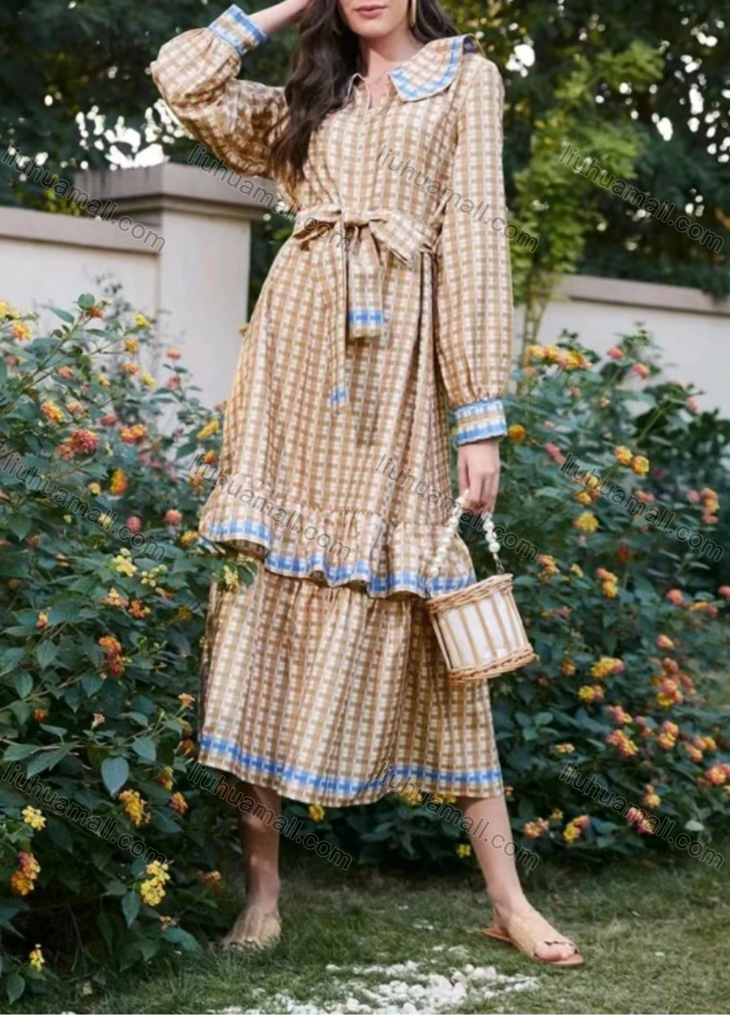 Wholesale Women's Elegant Peter Pan Collar Long Sleeve Layered Ruffle Hem Midi Dress With Belt - Liuhuamall