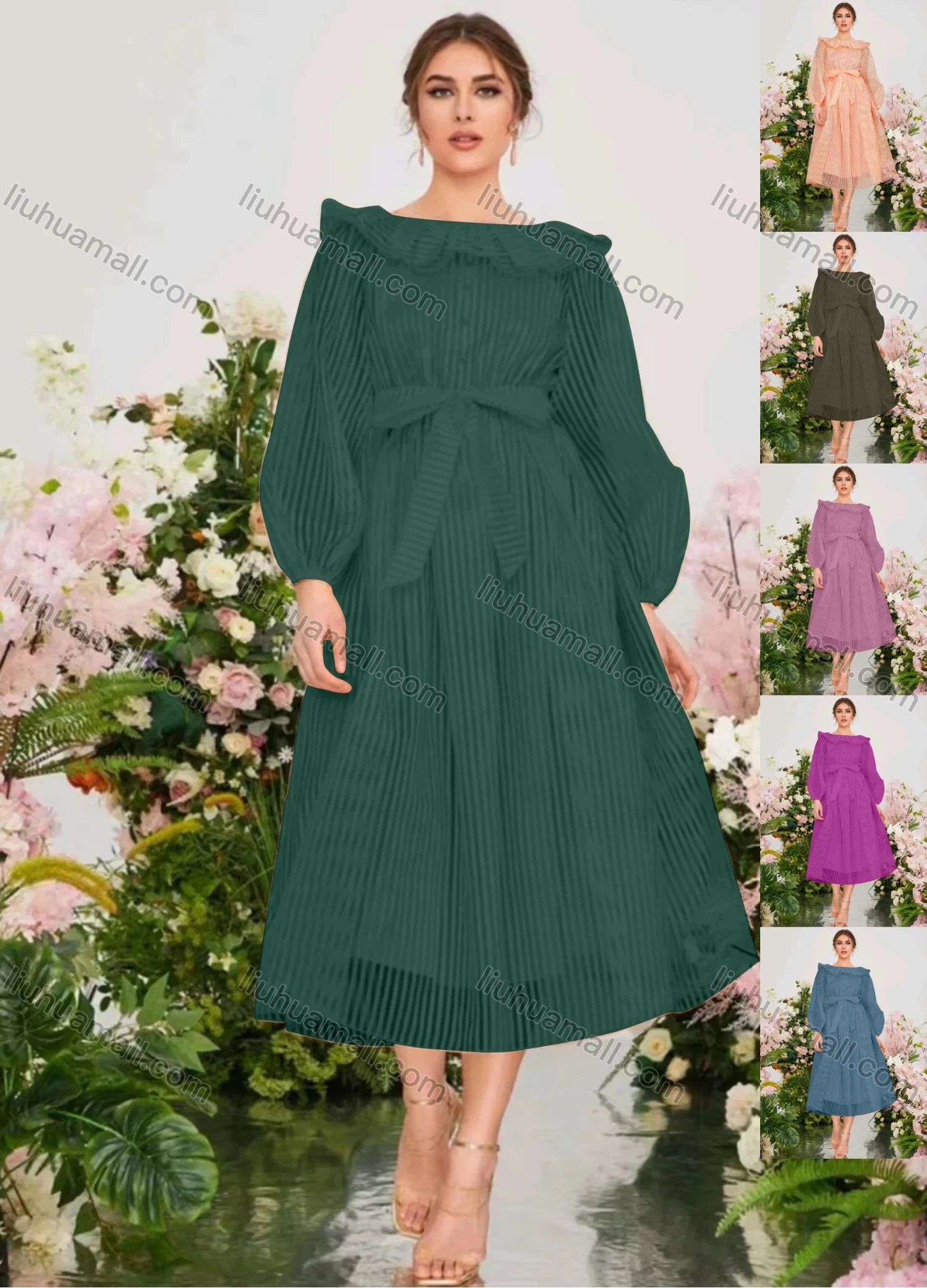 Wholesale Women's Elegant Striped Ruffle Trim Bateau Neck Ruffle Hem Midi Dress With Belt - Liuhuamall