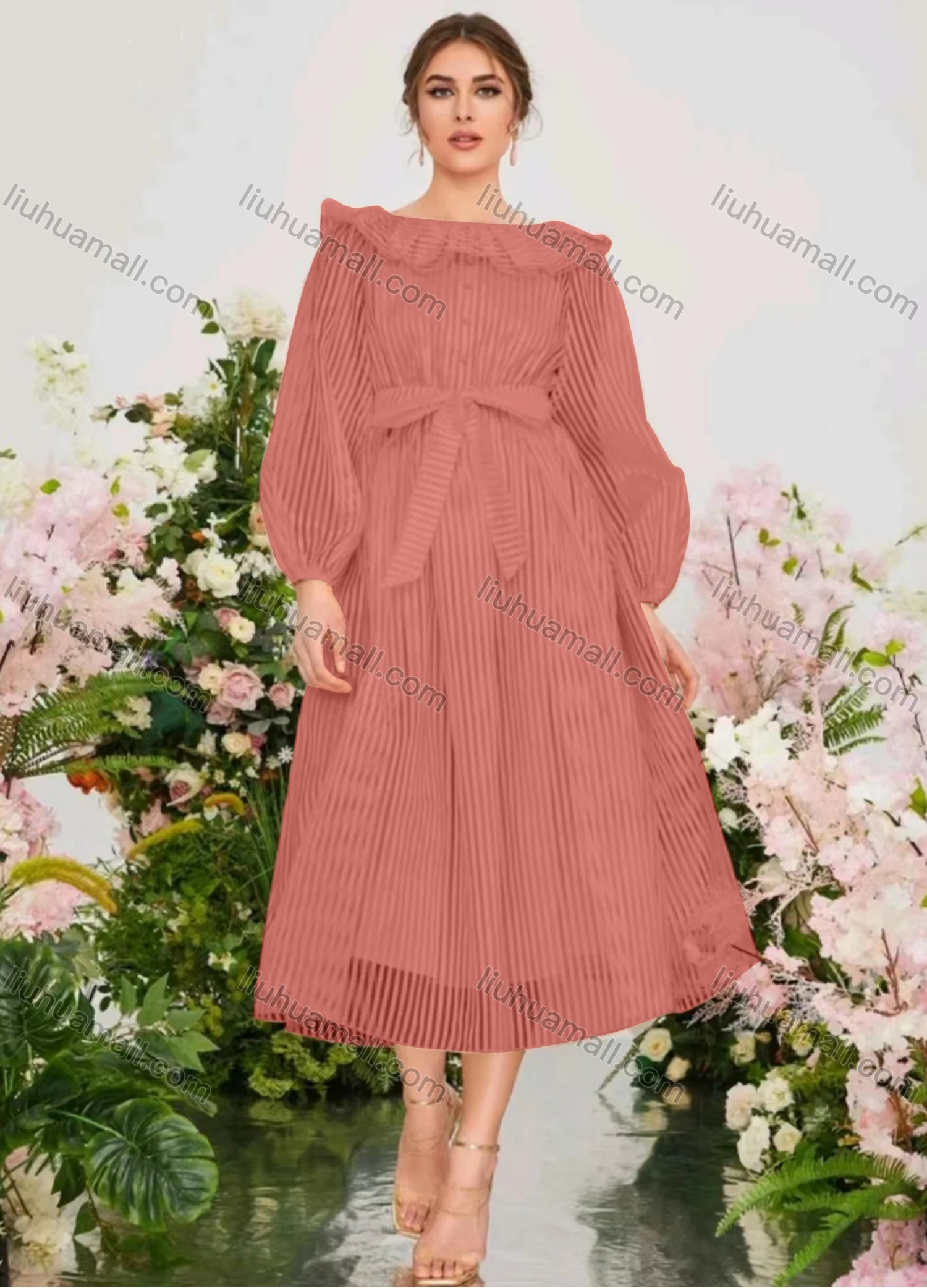 Wholesale Women's Elegant Striped Ruffle Trim Bateau Neck Ruffle Hem Midi Dress With Belt - Liuhuamall