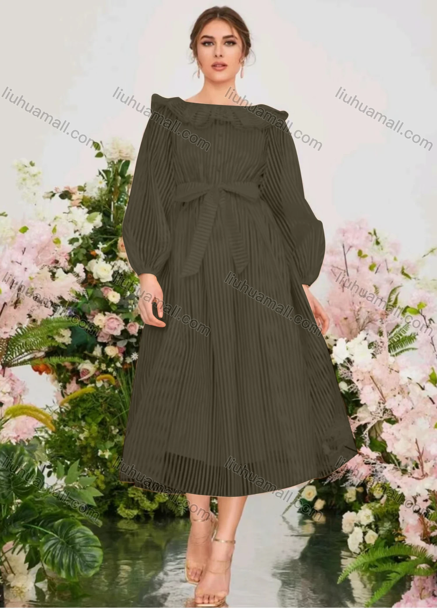 Wholesale Women's Elegant Striped Ruffle Trim Bateau Neck Ruffle Hem Midi Dress With Belt - Liuhuamall