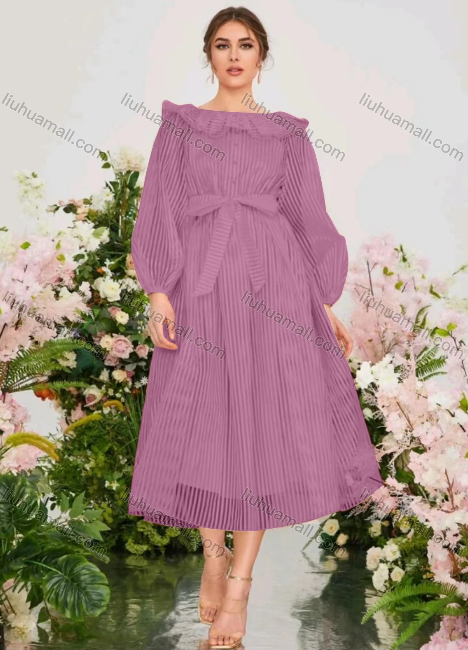 Wholesale Women's Elegant Striped Ruffle Trim Bateau Neck Ruffle Hem Midi Dress With Belt - Liuhuamall