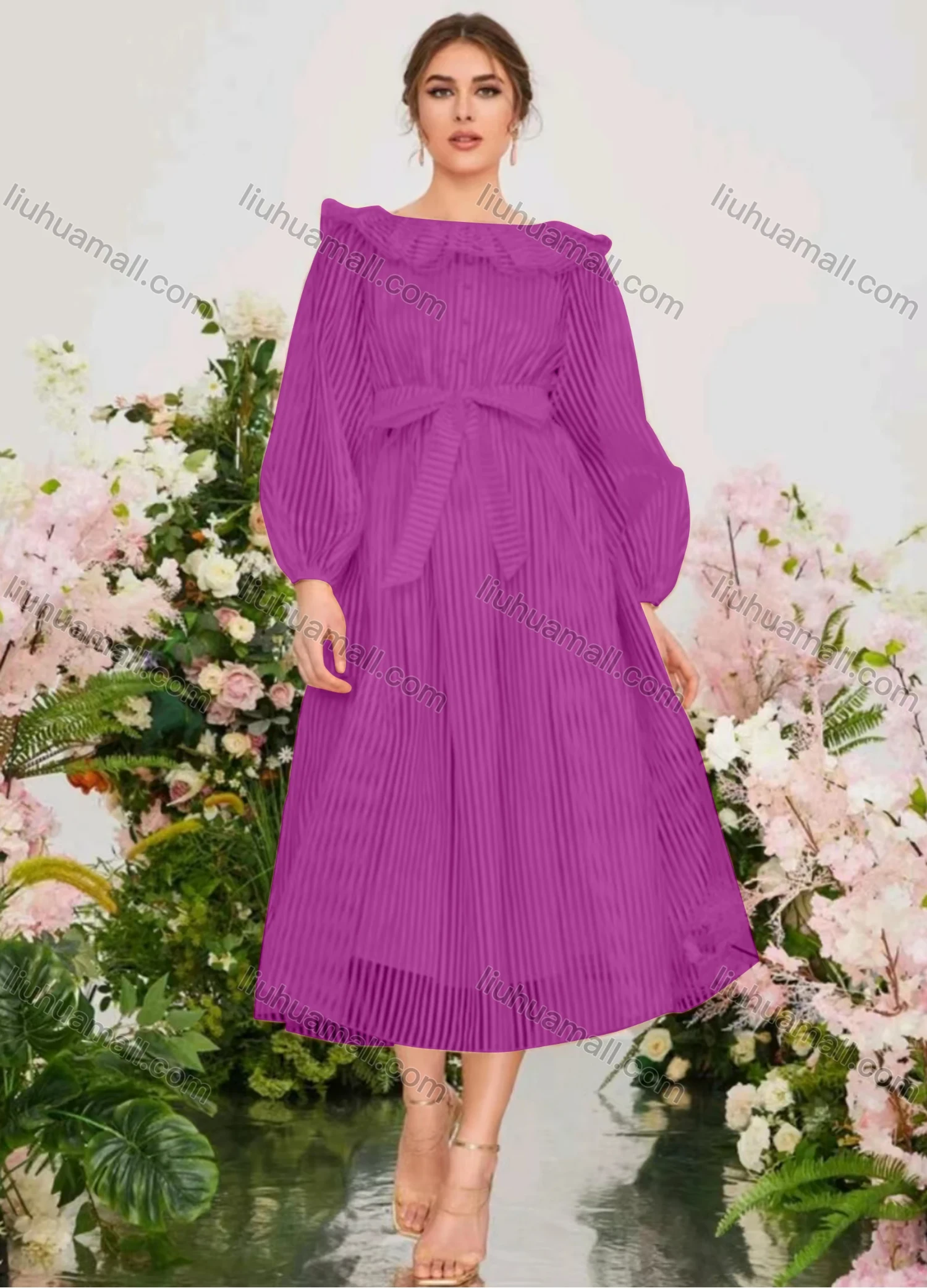 Wholesale Women's Elegant Striped Ruffle Trim Bateau Neck Ruffle Hem Midi Dress With Belt - Liuhuamall