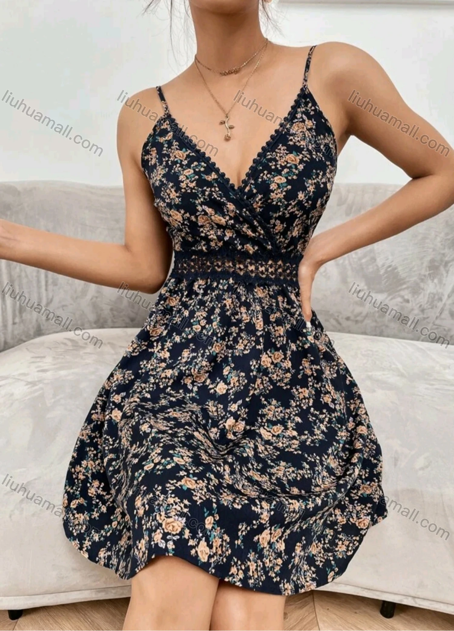 Wholesale Women's Sexy Deep V Neck Spaghetti Straps Floral Print Short Cami Dress - Liuhuamall