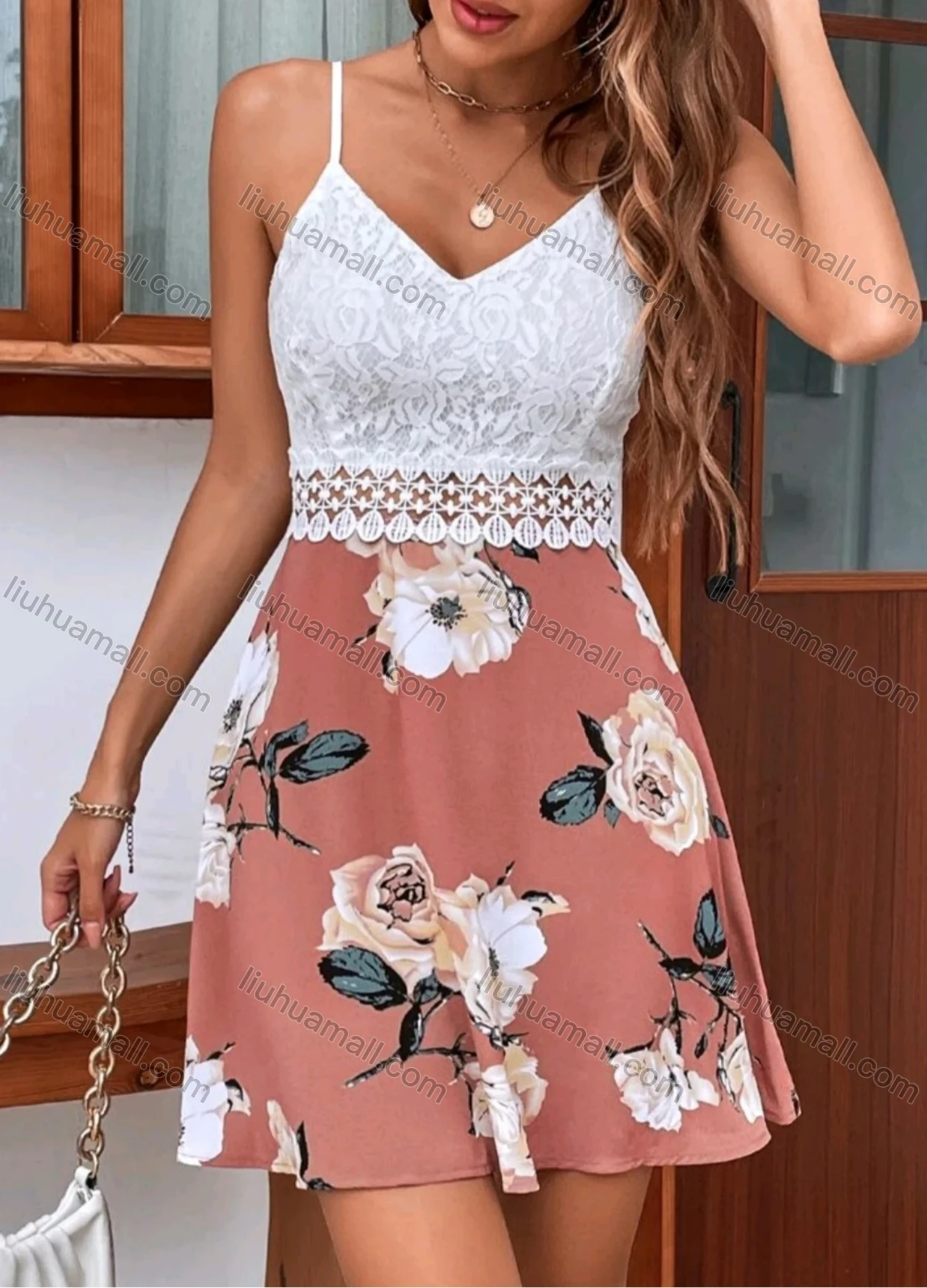 Wholesale Women's Sexy V Neck Guipure Lace Spaghetti Straps Stitching Floral Print Short Cami Dress - Liuhuamall