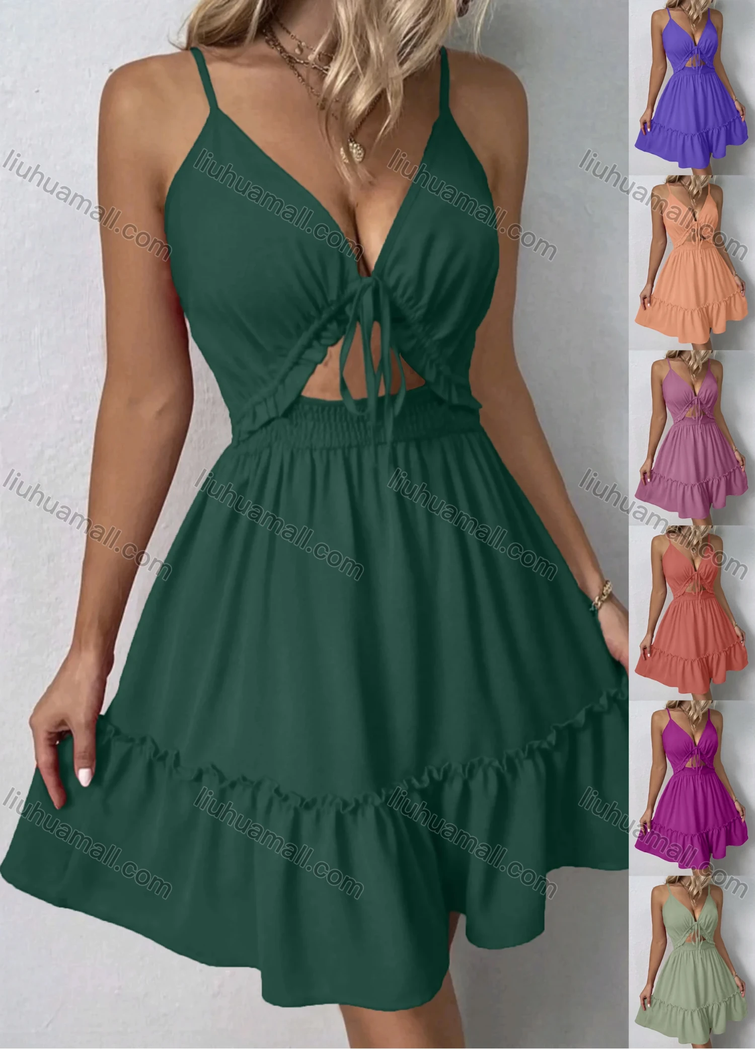Wholesale Women's Sexy Plain Deep V Neck Spaghetti Straps Tie Front Ruffle Trim Shirred Cut Out Ruuffle Hem Short Cami Dress - Liuhuamall