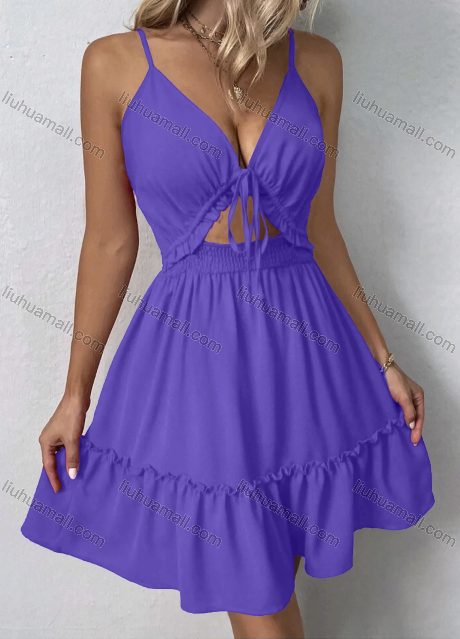 Wholesale Women's Sexy Plain Deep V Neck Spaghetti Straps Tie Front Ruffle Trim Shirred Cut Out Ruuffle Hem Short Cami Dress - Liuhuamall