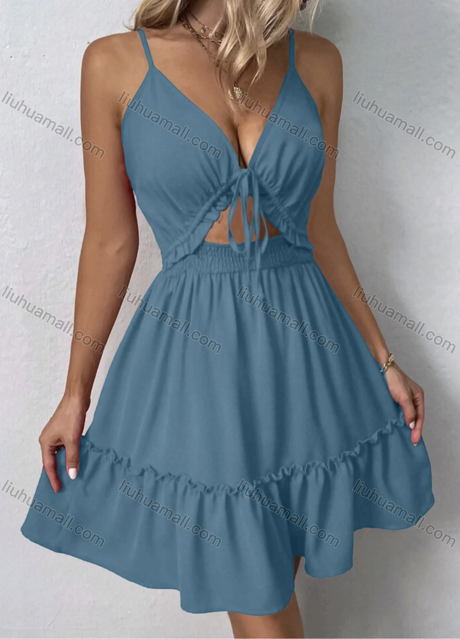 Wholesale Women's Sexy Plain Deep V Neck Spaghetti Straps Tie Front Ruffle Trim Shirred Cut Out Ruuffle Hem Short Cami Dress - Liuhuamall