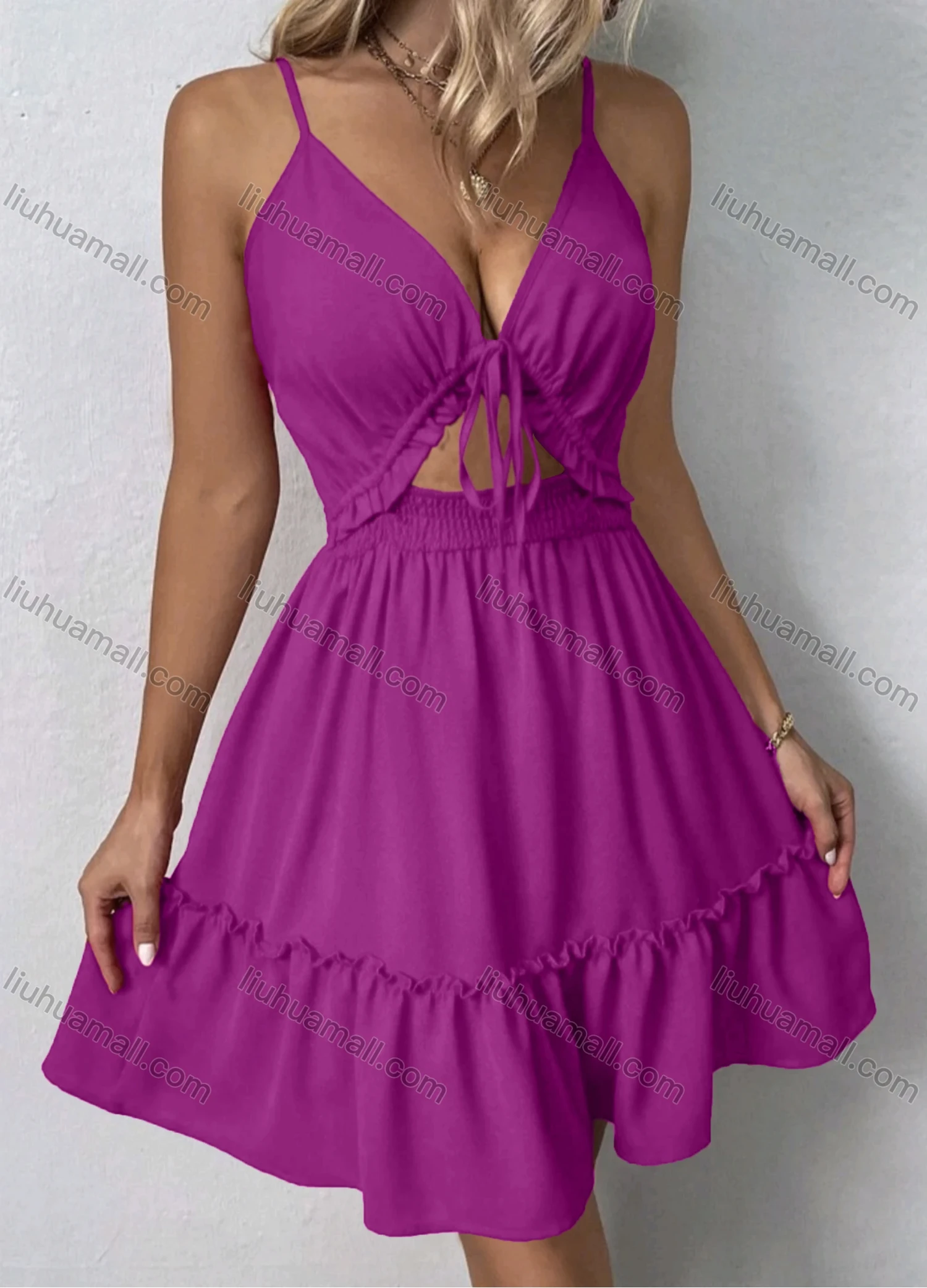 Wholesale Women's Sexy Plain Deep V Neck Spaghetti Straps Tie Front Ruffle Trim Shirred Cut Out Ruuffle Hem Short Cami Dress - Liuhuamall