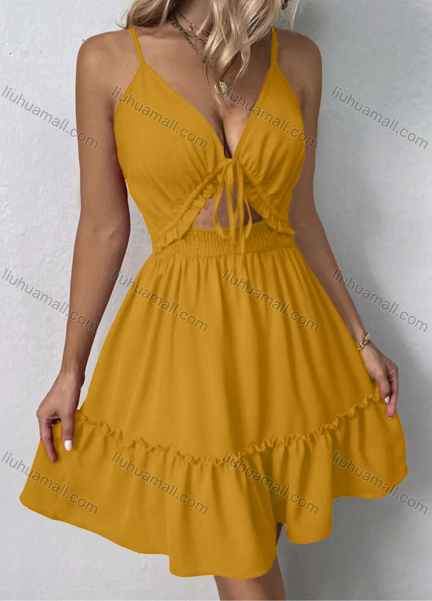 Wholesale Women's Sexy Plain Deep V Neck Spaghetti Straps Tie Front Ruffle Trim Shirred Cut Out Ruuffle Hem Short Cami Dress - Liuhuamall