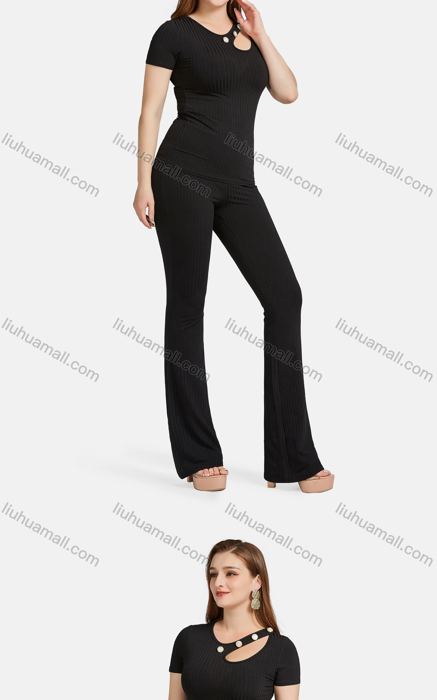 Wholesale Women's Casual Slim Fit Cut Out Short Sleeve Ribbed Plain Blouse 2-piece Set - Liuhuamall