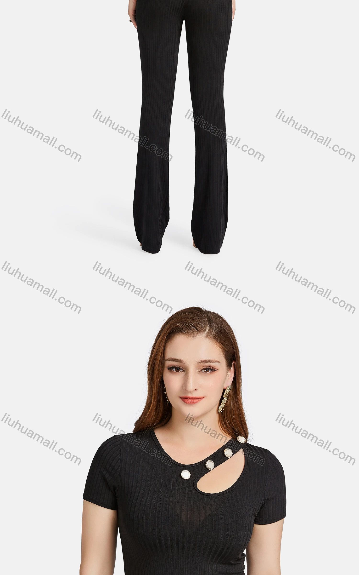 Wholesale Women's Casual Slim Fit Cut Out Short Sleeve Ribbed Plain Blouse 2-piece Set - Liuhuamall