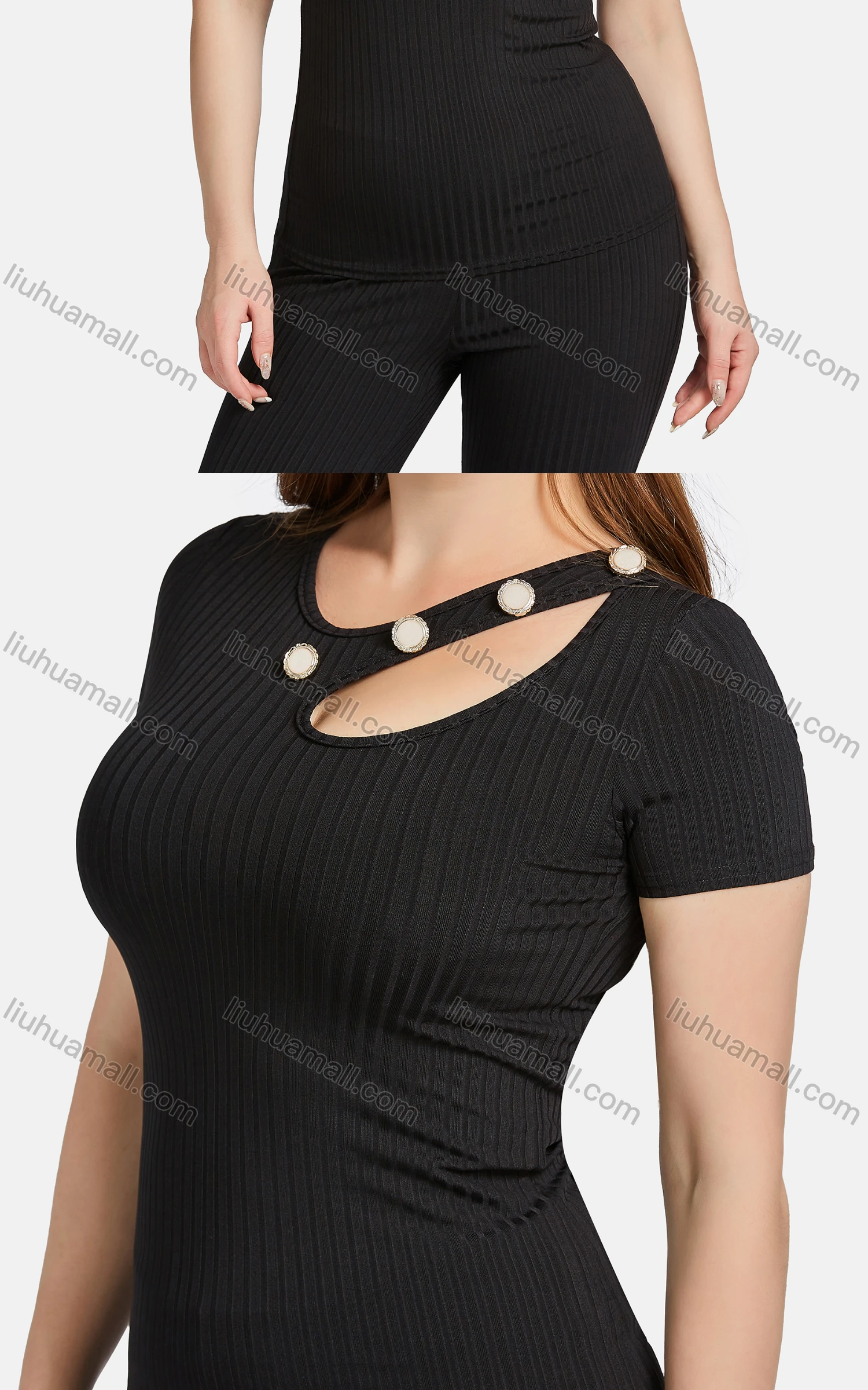 Wholesale Women's Casual Slim Fit Cut Out Short Sleeve Ribbed Plain Blouse 2-piece Set - Liuhuamall