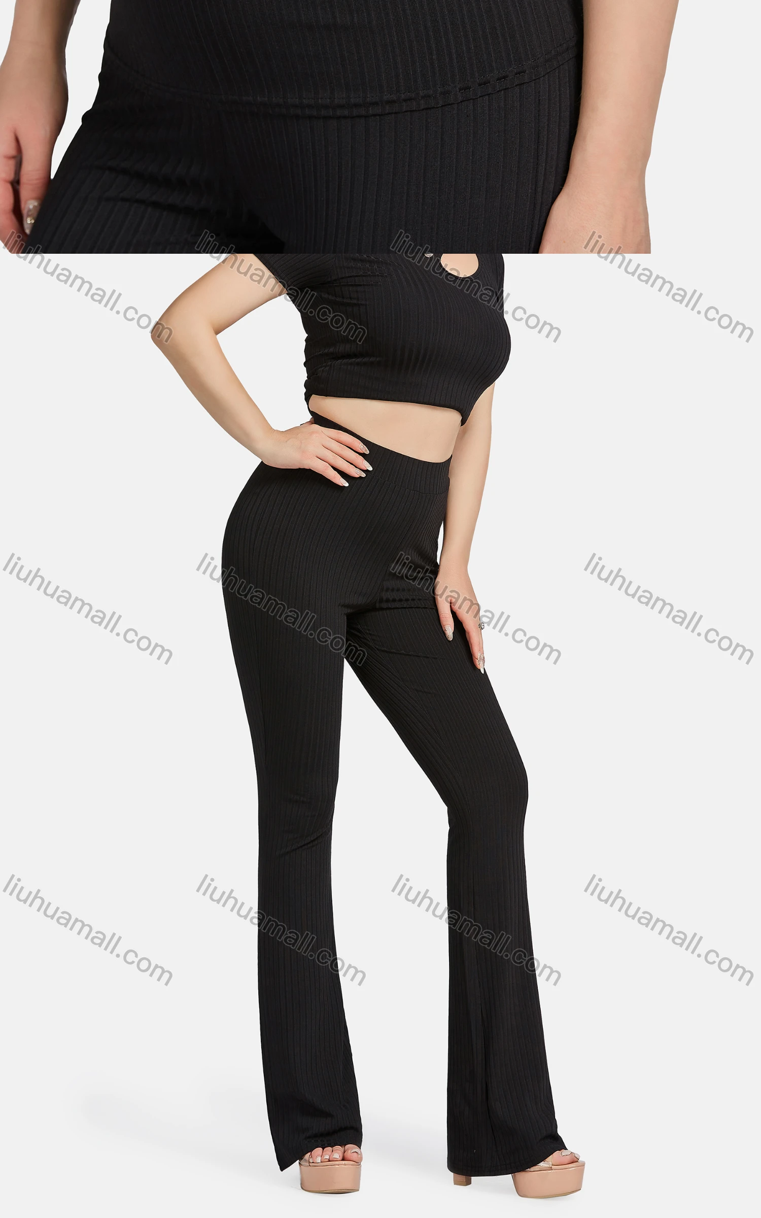 Wholesale Women's Casual Slim Fit Cut Out Short Sleeve Ribbed Plain Blouse 2-piece Set - Liuhuamall