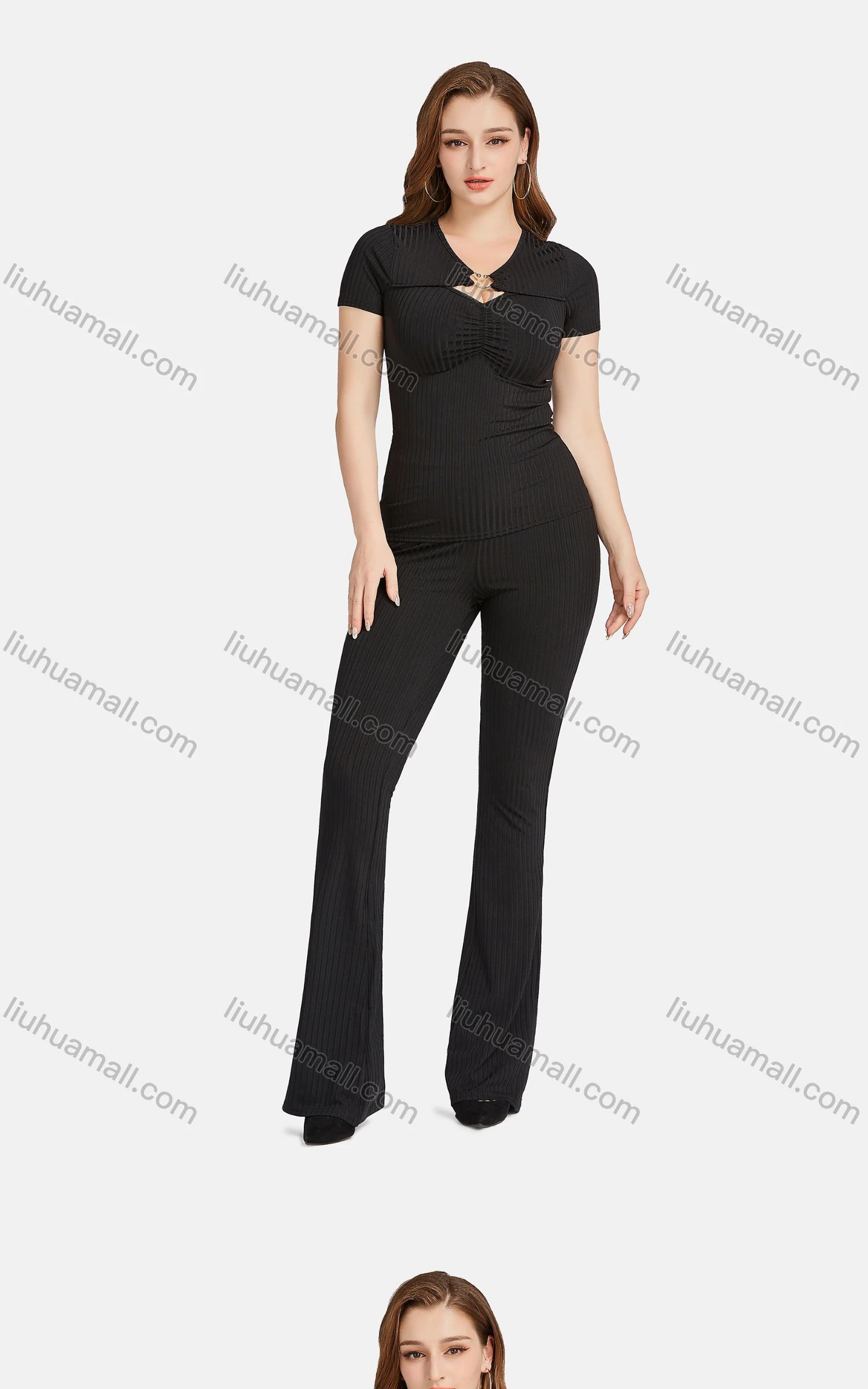 Wholesale Women's Casual Slim Fit Hollow Out Short Sleeve Ribbed Plain Blouse 2-piece Set - Liuhuamall