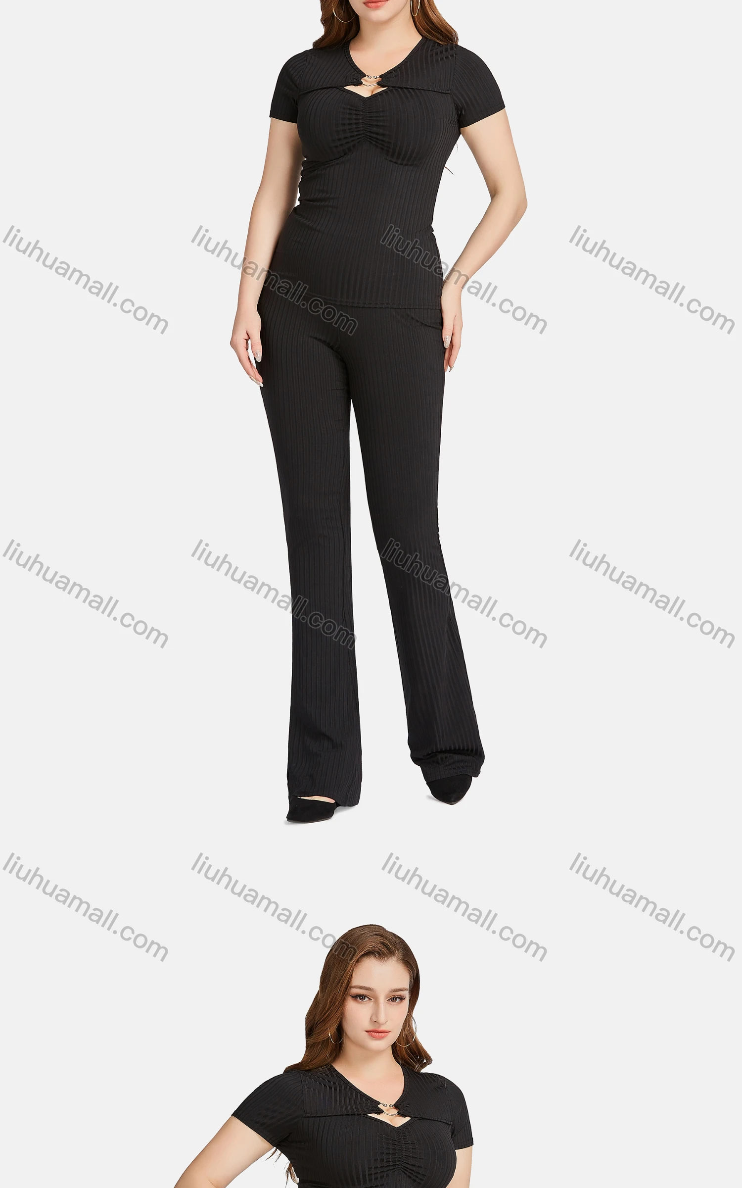 Wholesale Women's Casual Slim Fit Hollow Out Short Sleeve Ribbed Plain Blouse 2-piece Set - Liuhuamall