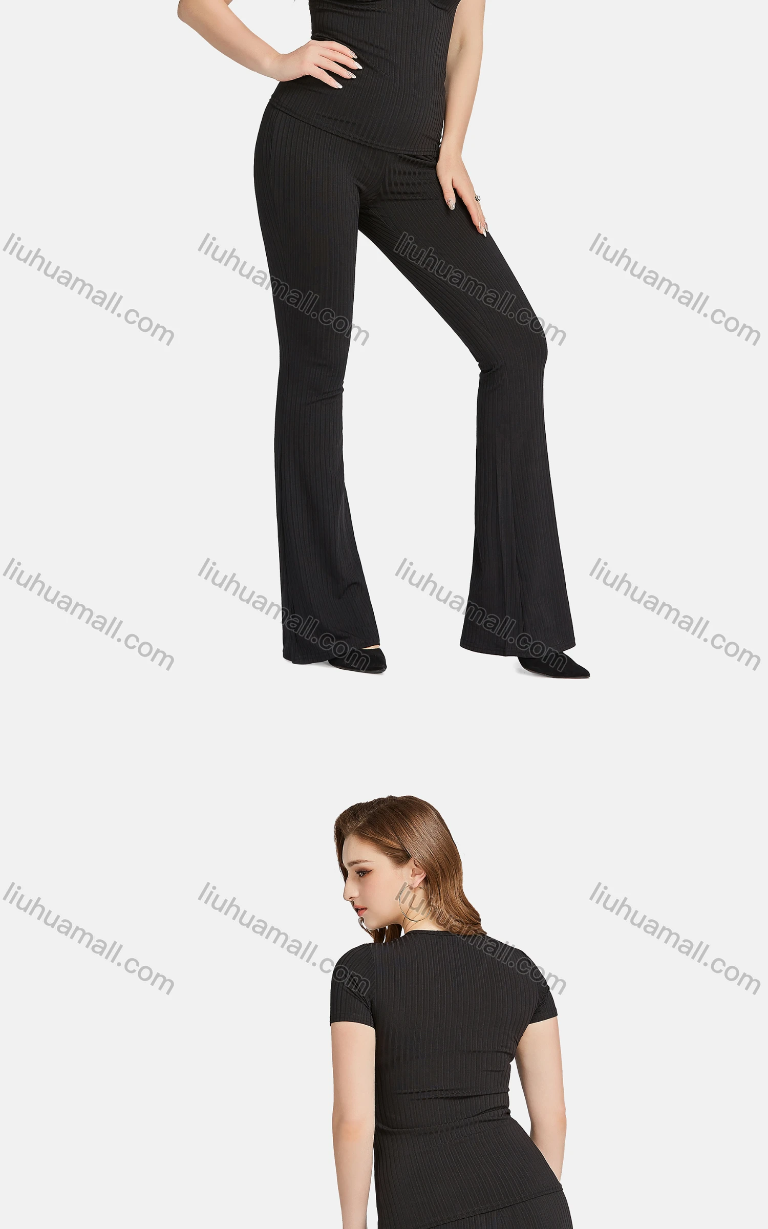 Wholesale Women's Casual Slim Fit Hollow Out Short Sleeve Ribbed Plain Blouse 2-piece Set - Liuhuamall