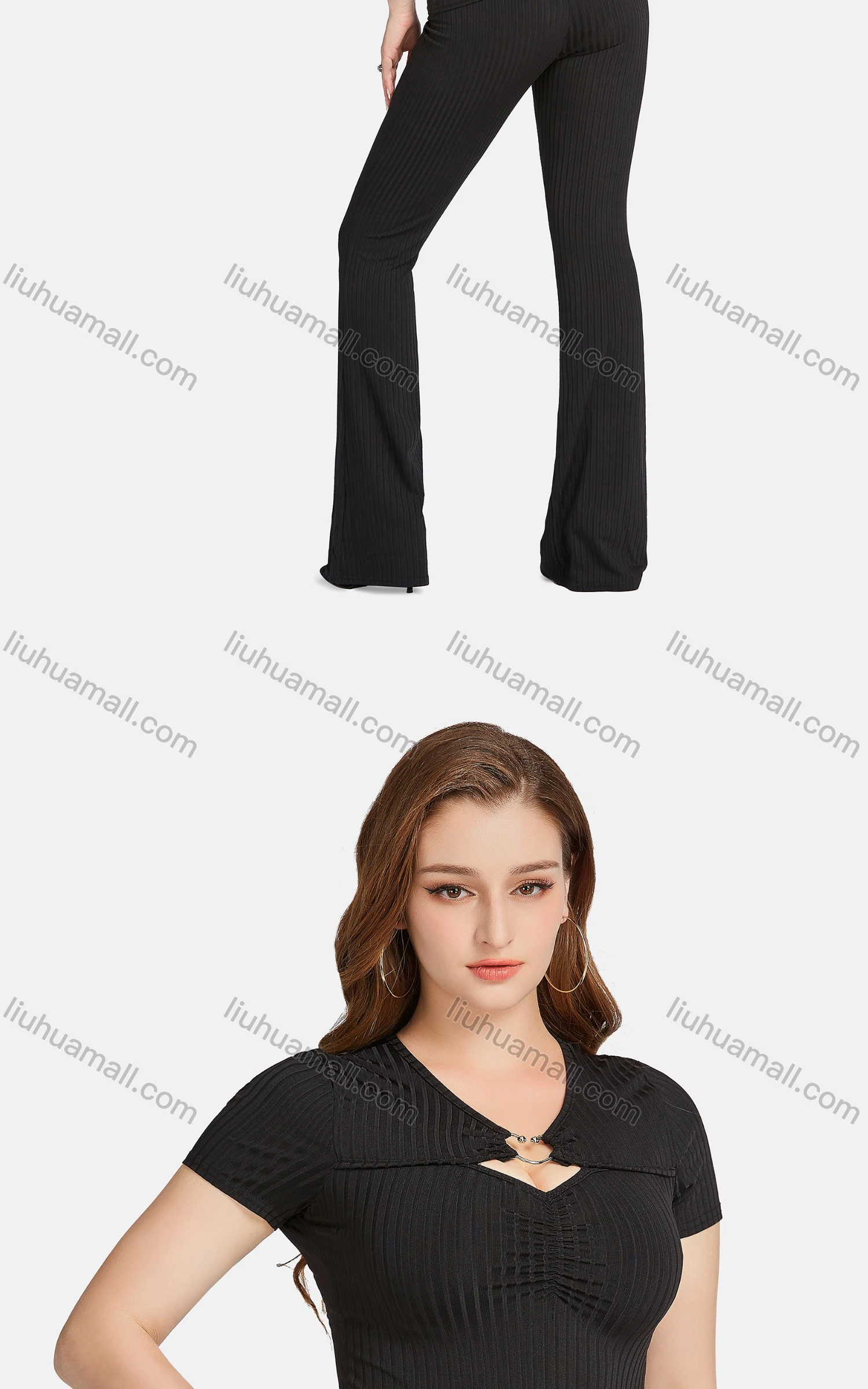 Wholesale Women's Casual Slim Fit Hollow Out Short Sleeve Ribbed Plain Blouse 2-piece Set - Liuhuamall
