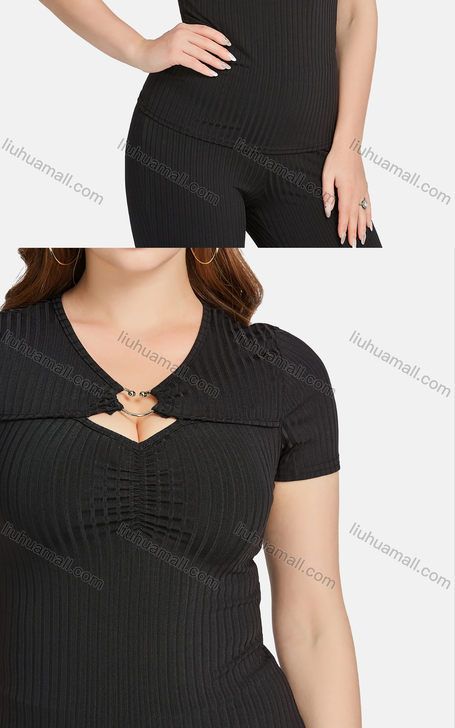 Wholesale Women's Casual Slim Fit Hollow Out Short Sleeve Ribbed Plain Blouse 2-piece Set - Liuhuamall