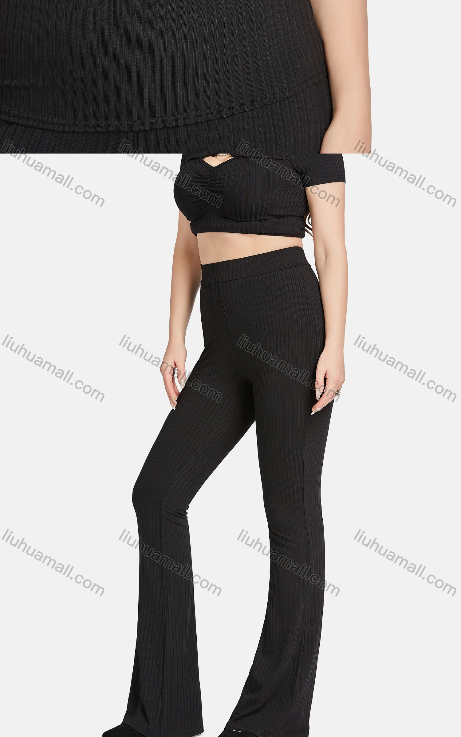 Wholesale Women's Casual Slim Fit Hollow Out Short Sleeve Ribbed Plain Blouse 2-piece Set - Liuhuamall