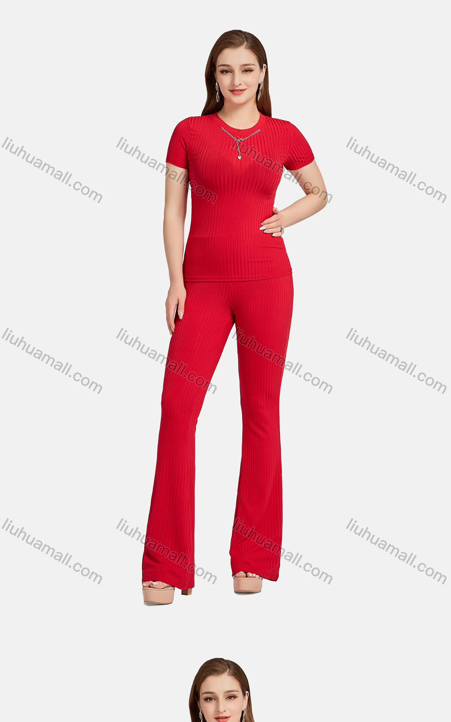 Wholesale Women's Casual Slim Fit Chain Decor Short Sleeve Ribbed Plain Blouse 2-piece Set - Liuhuamall