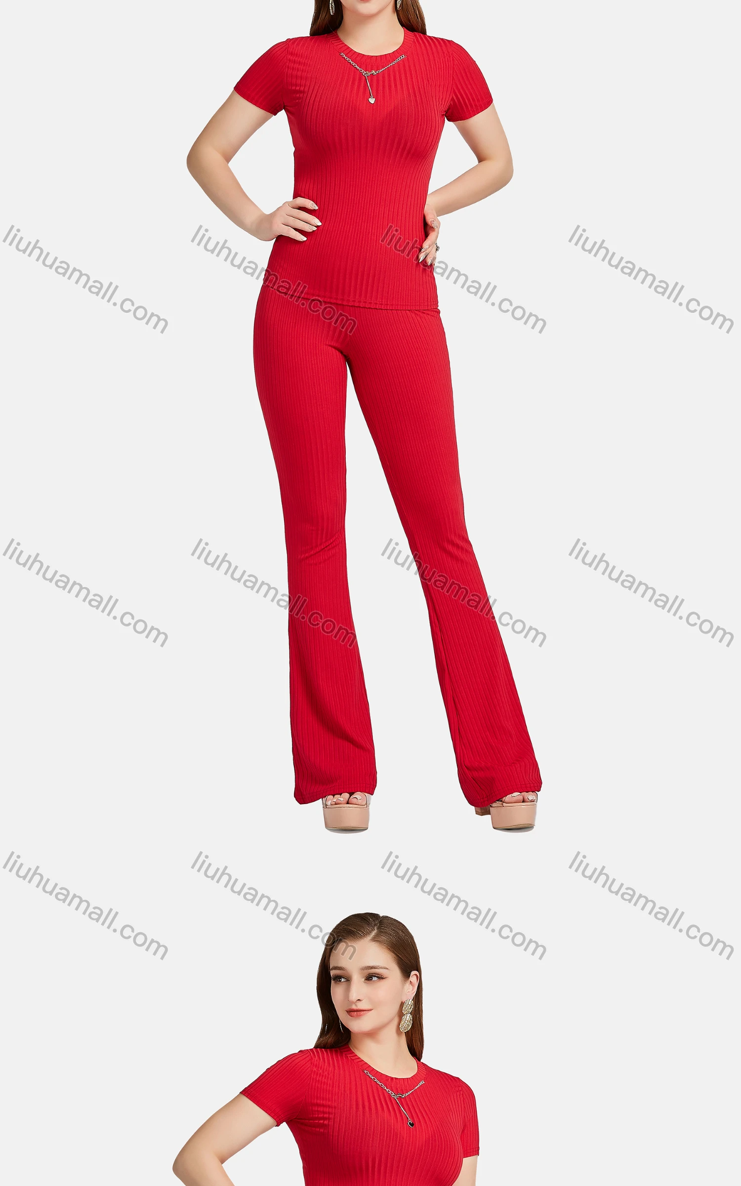 Wholesale Women's Casual Slim Fit Chain Decor Short Sleeve Ribbed Plain Blouse 2-piece Set - Liuhuamall