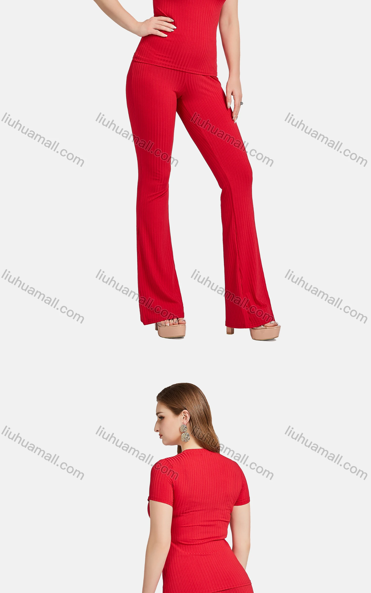 Wholesale Women's Casual Slim Fit Chain Decor Short Sleeve Ribbed Plain Blouse 2-piece Set - Liuhuamall