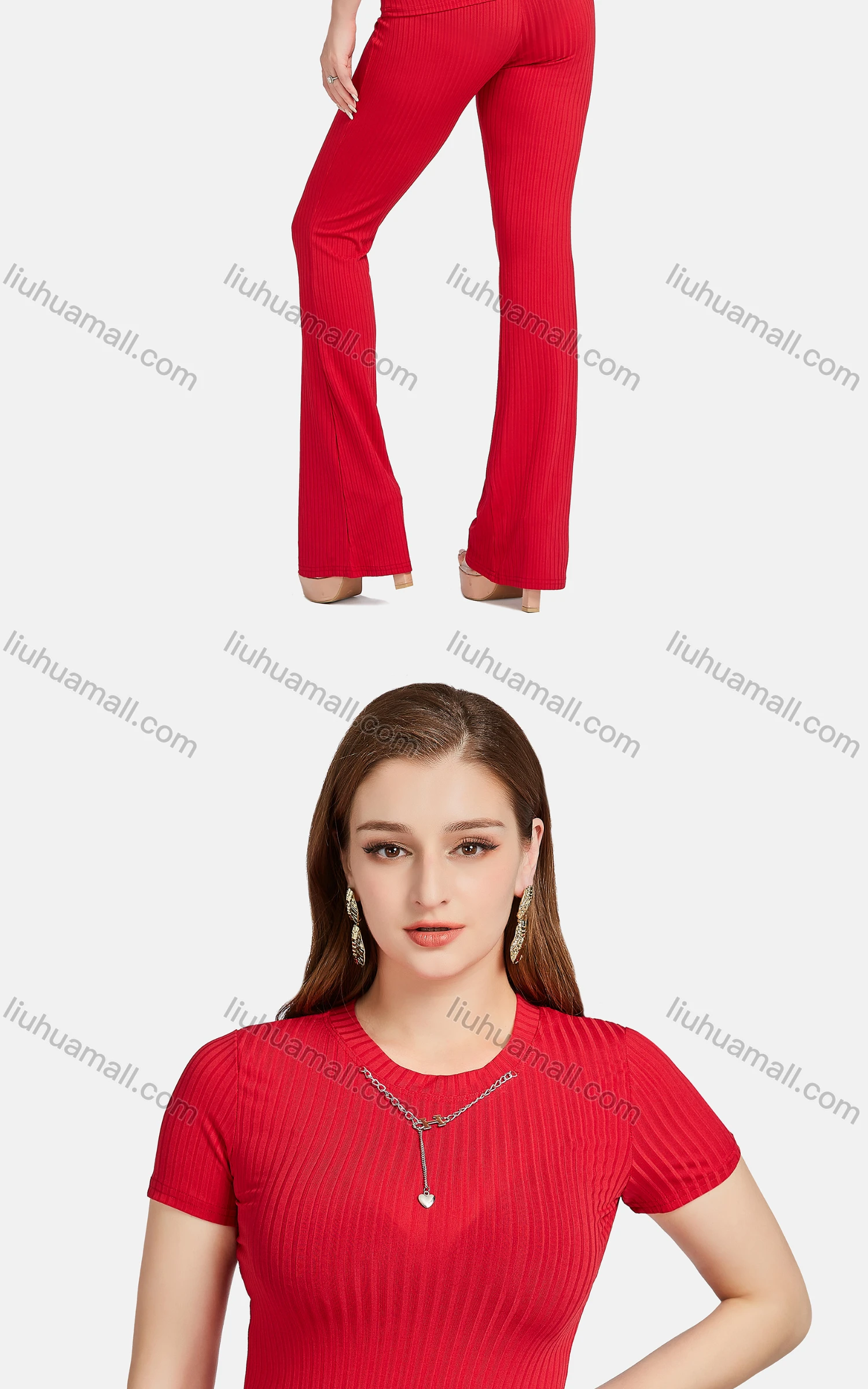 Wholesale Women's Casual Slim Fit Chain Decor Short Sleeve Ribbed Plain Blouse 2-piece Set - Liuhuamall